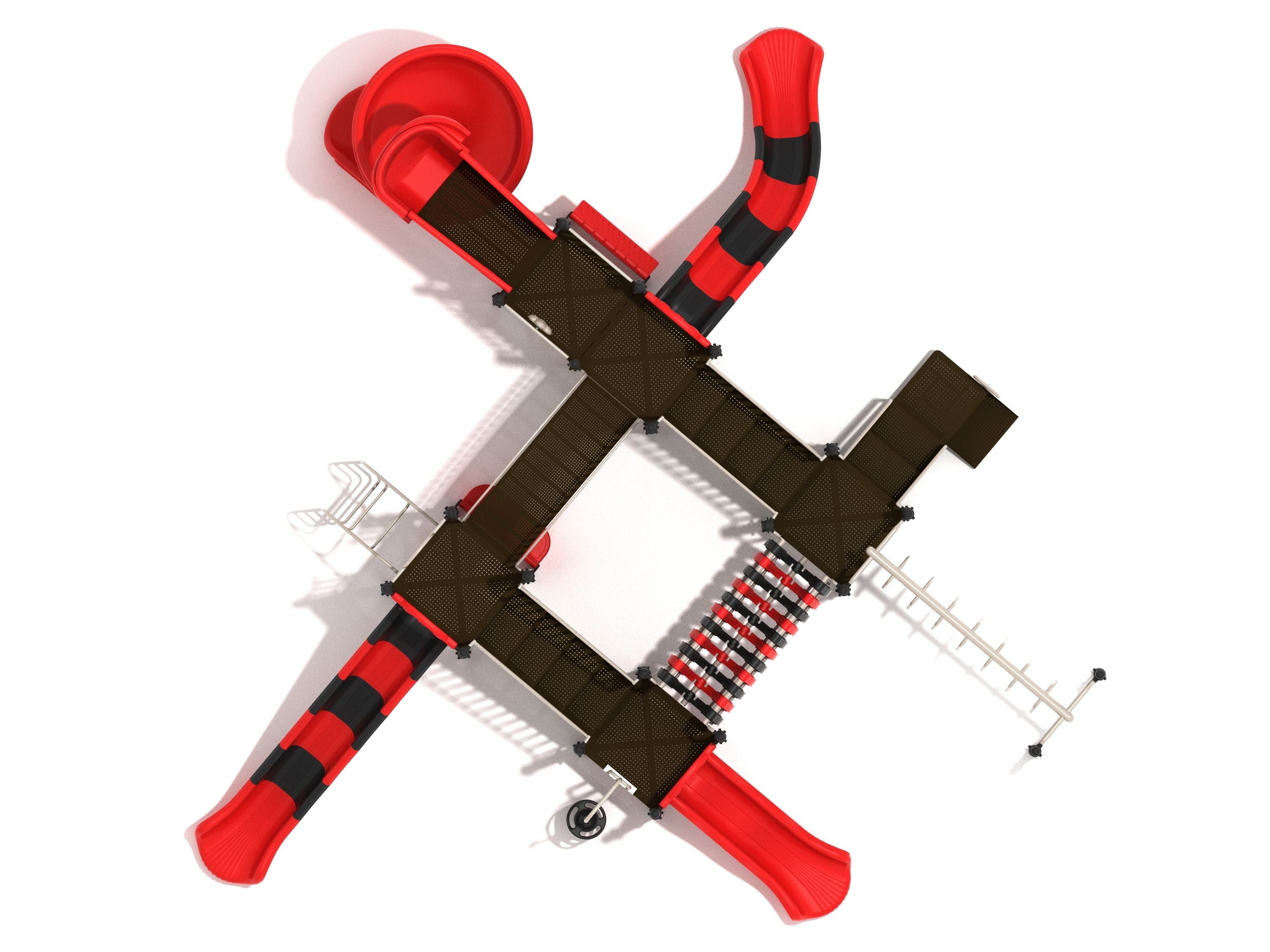 Aerial view of square commercial play system with red spiral, wave, and straight slides, bridges, climbers, and ladders