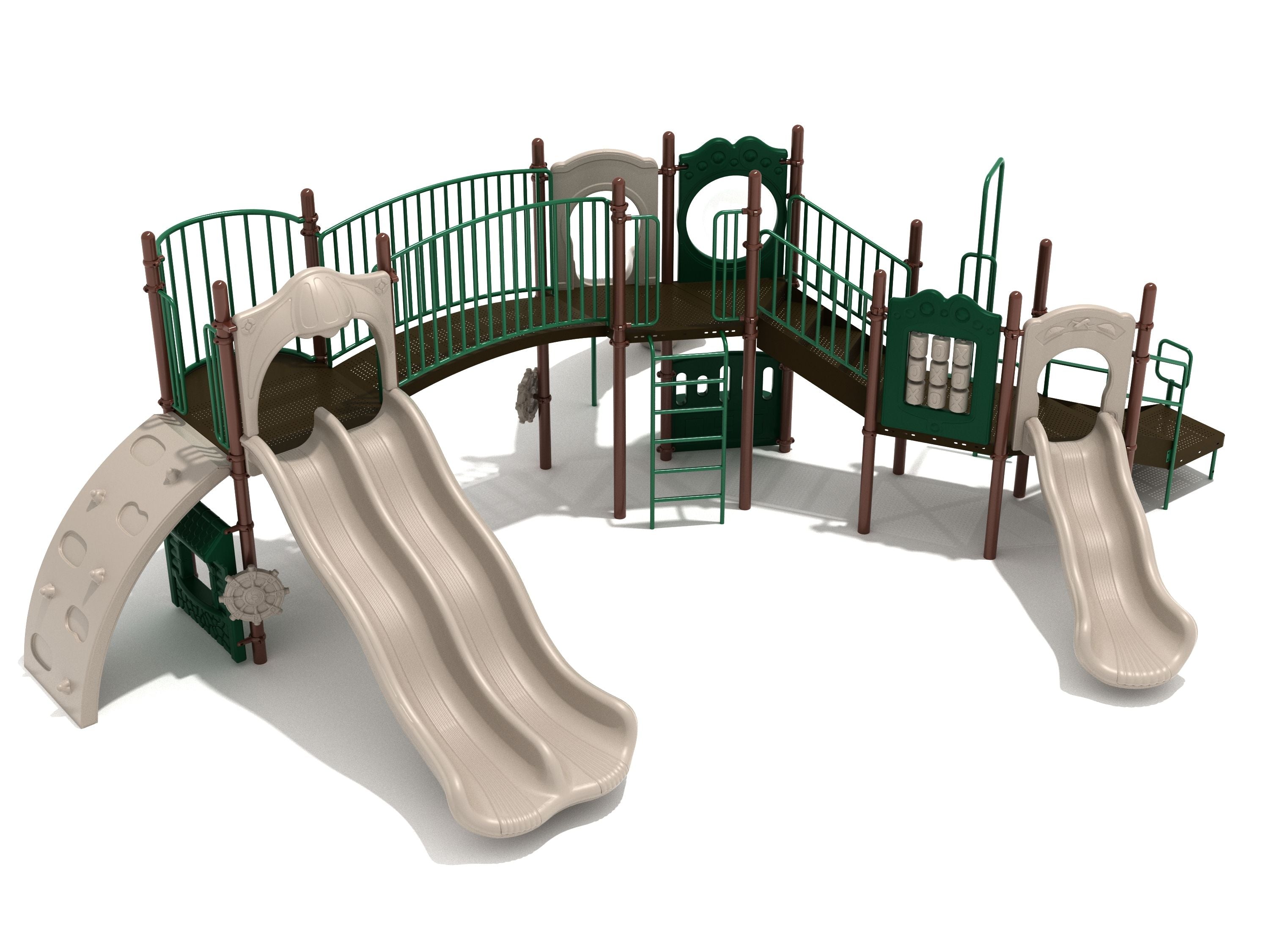 Alameda Playground large play system with beige slides, green railings, climbing wall, and interactive panels for active children's play