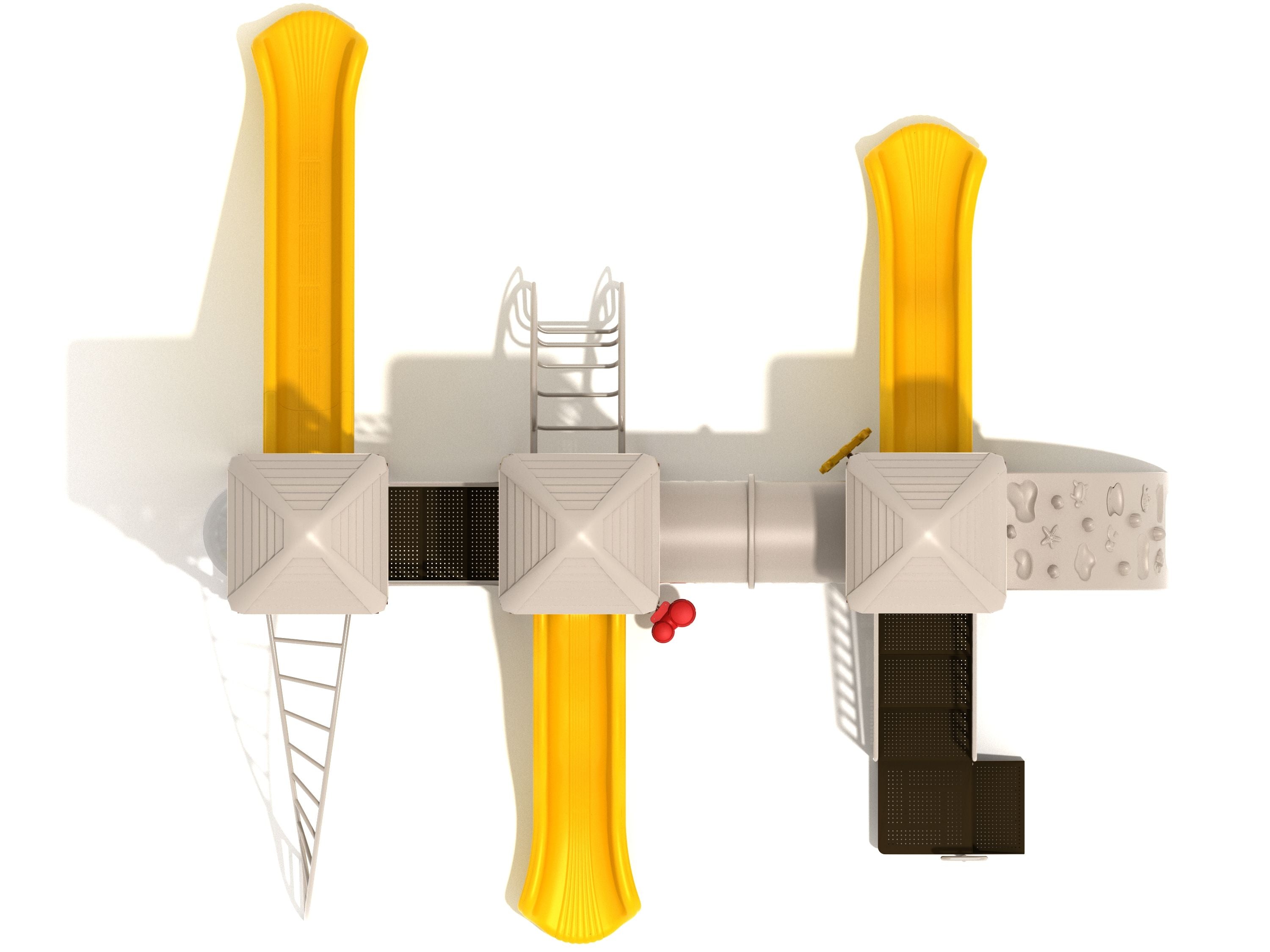 Overhead view of a playground structure with yellow wave and straight slides, tube bridge, climbing ladders, and activity panels