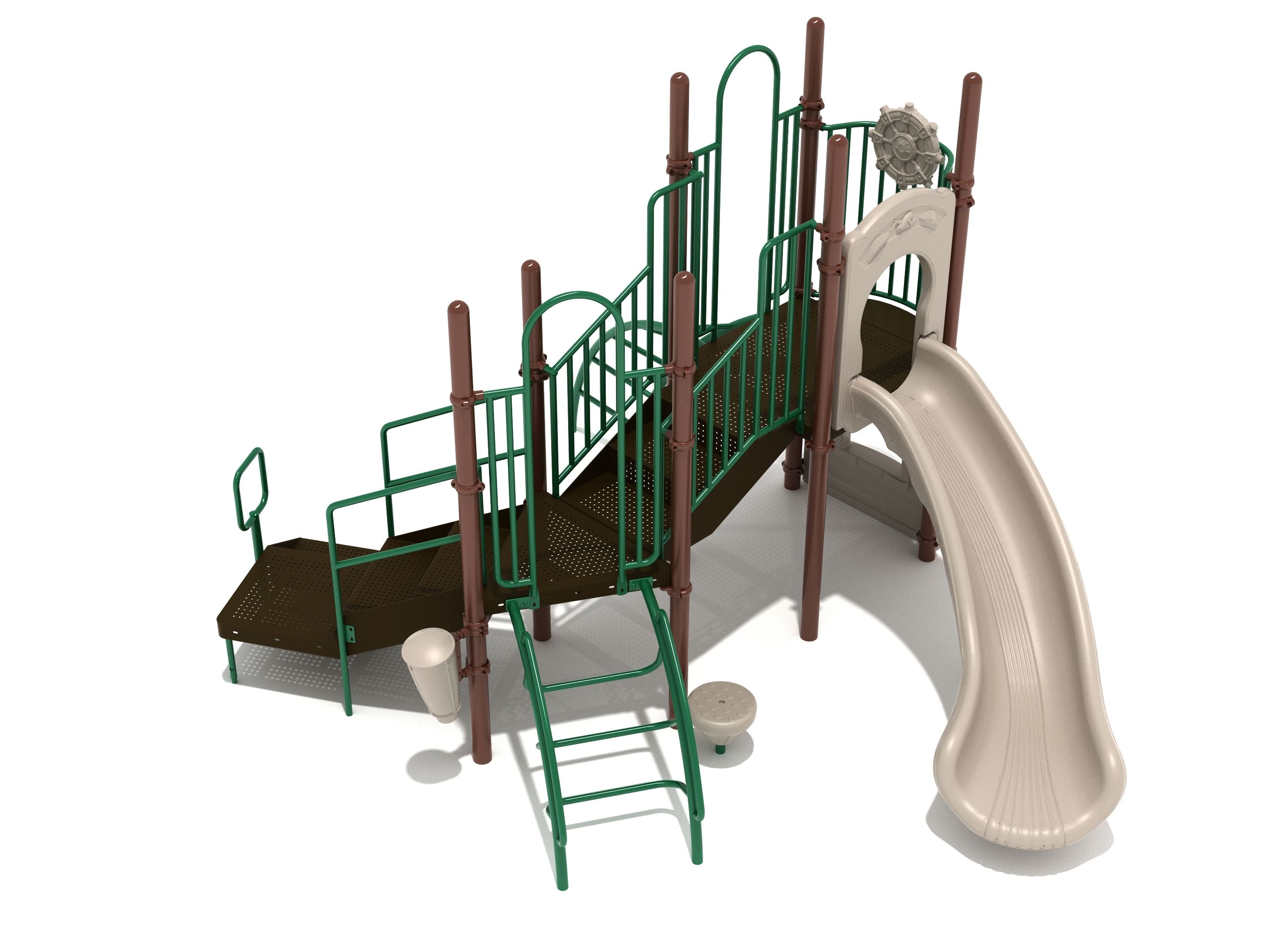 Valparaiso Playground with beige slide, green railings, brown platforms, ship’s wheel, accessible stairs, and climbing features