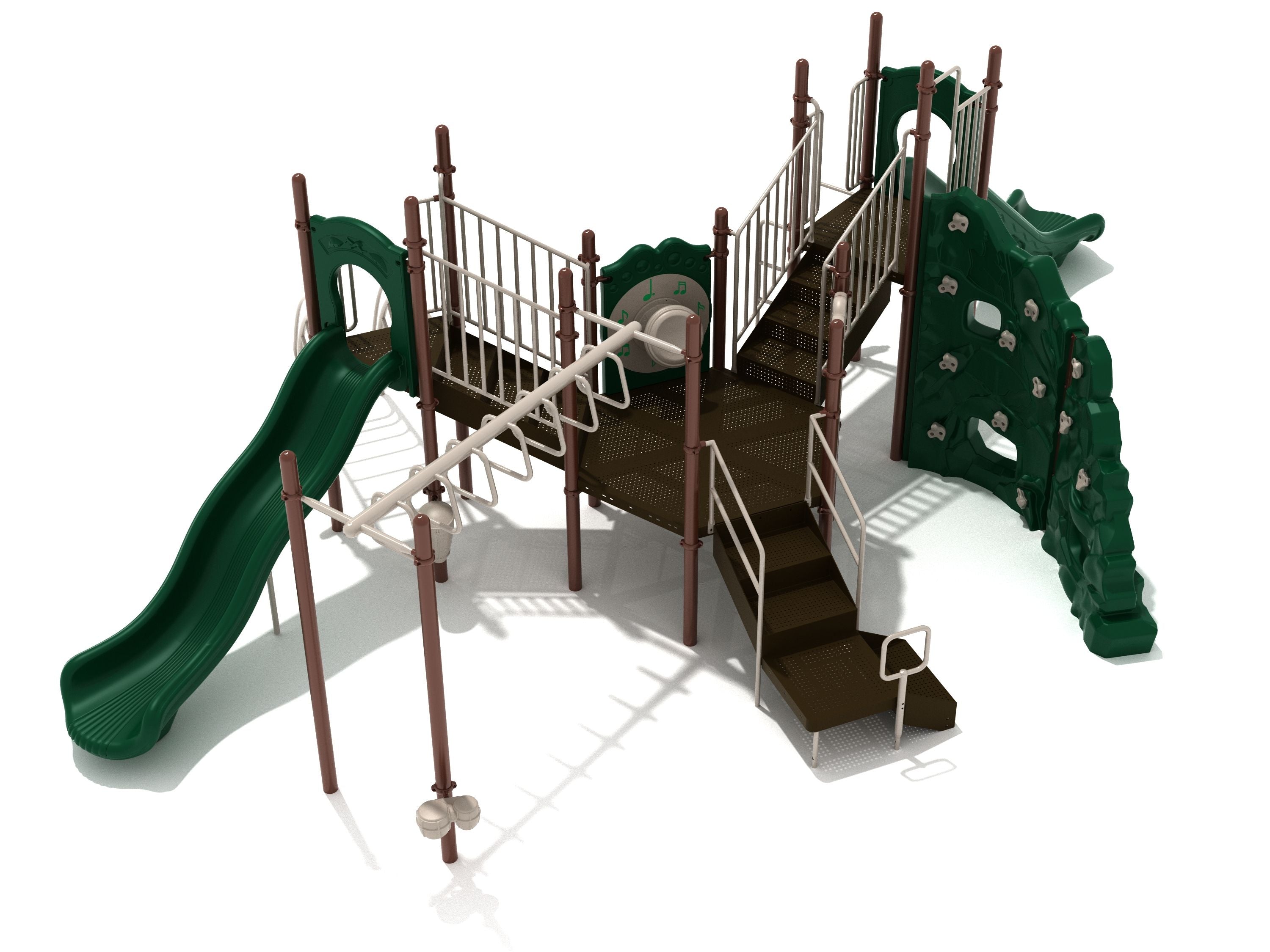 Playground structure with hexagonal deck, green slides, brown climbing walls, stairs, and overhead trapezoid loop ladder