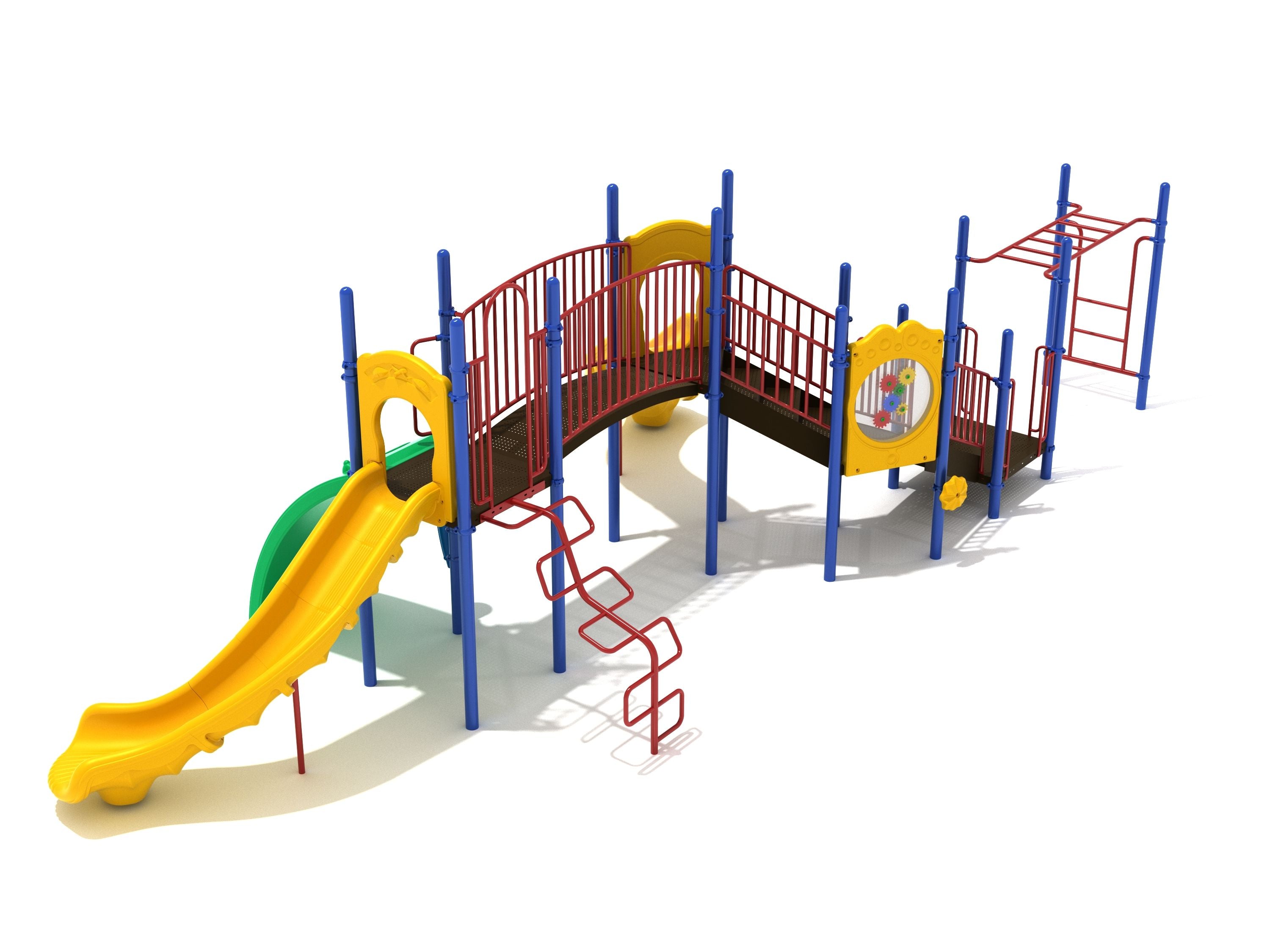 Colorful playground structure with yellow slides, red railings, blue posts, climbing ladder, arch bridge, and interactive gear panel