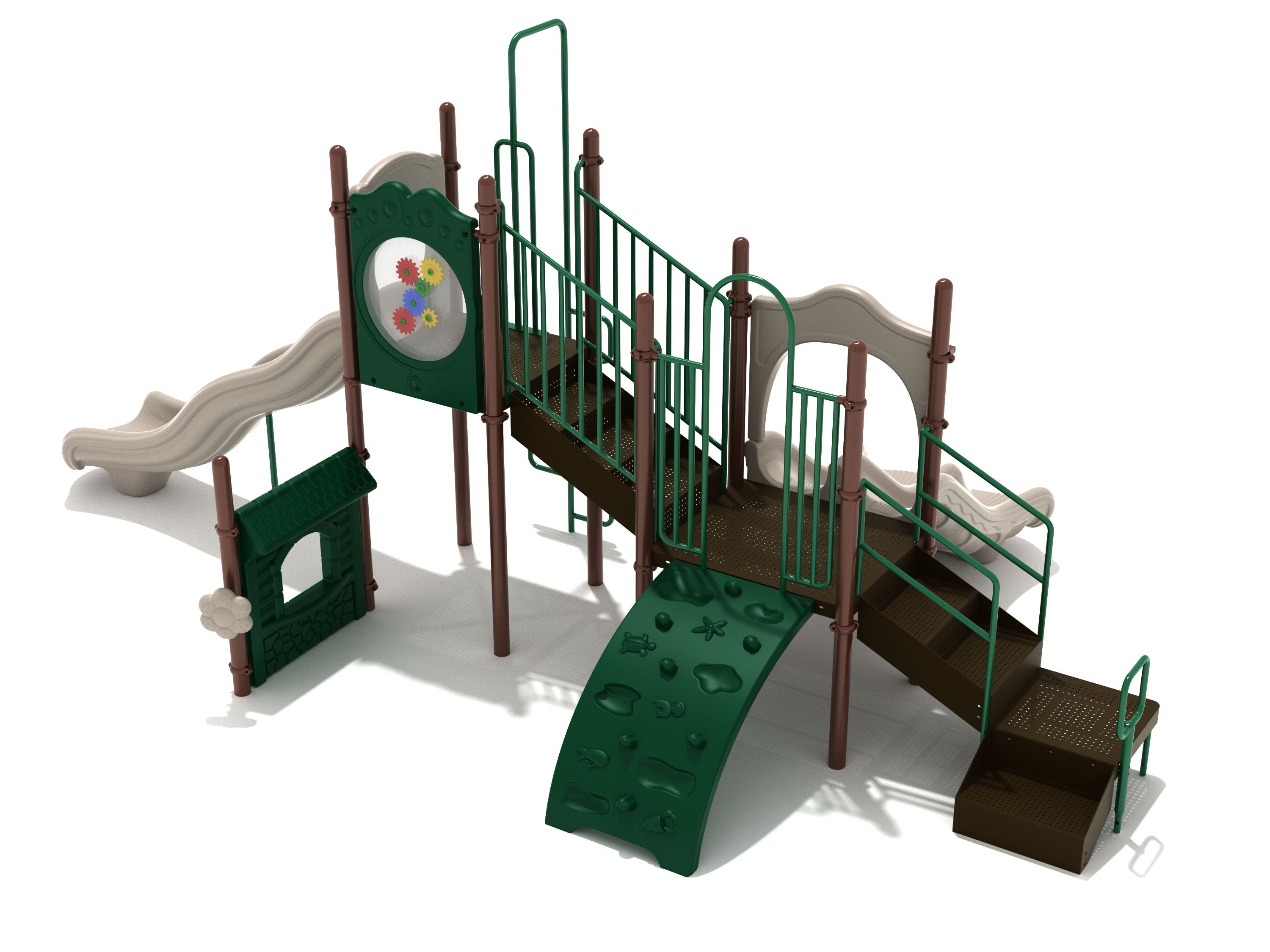 Playground with green and brown climbing wall, double beige slides, gear panel, and stairs with safety rails