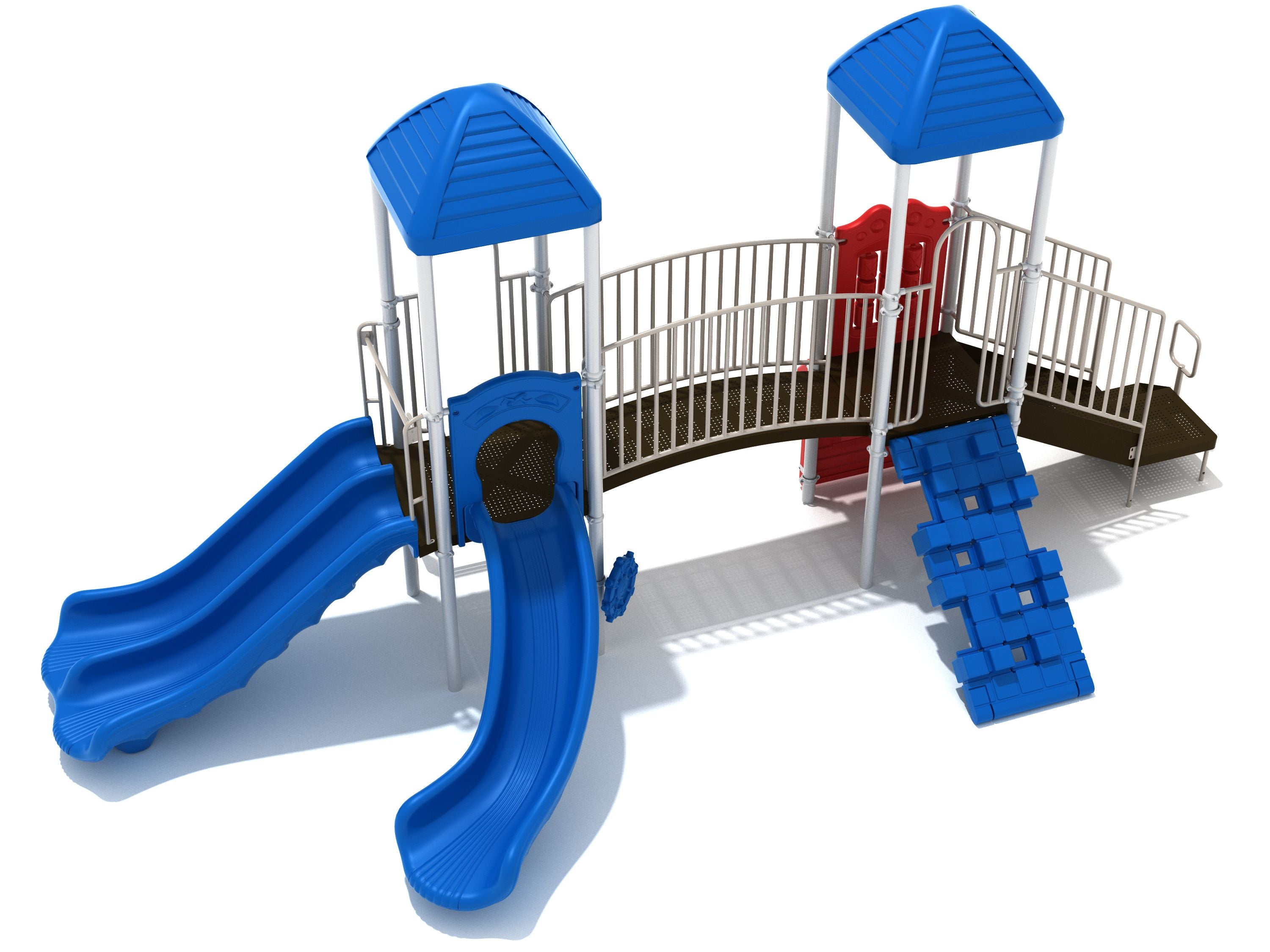 Commercial playground with blue double and single slides, climbing wall, connecting bridge, and covered play areas