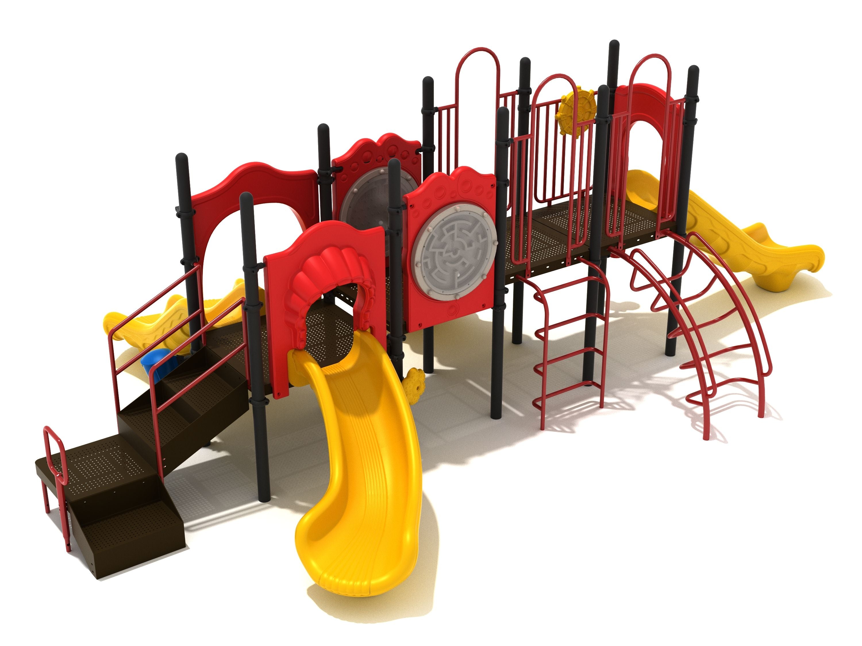 Bright yellow slides, red climbing structures, interactive panels, ladders on a large linear playground system