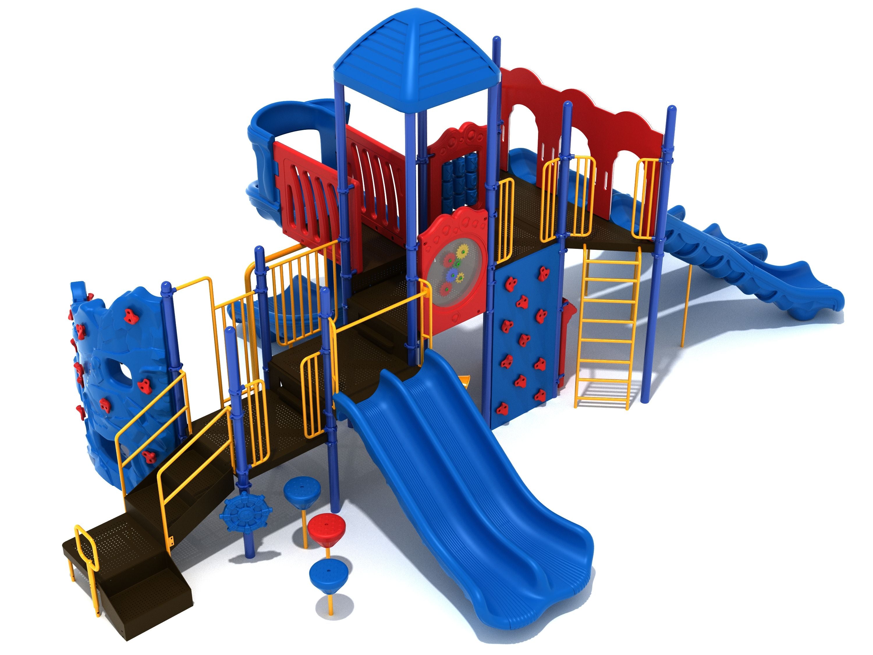 Woodstock Playground large play system with blue and red slides, yellow railings, climbing walls, and interactive play features on white background