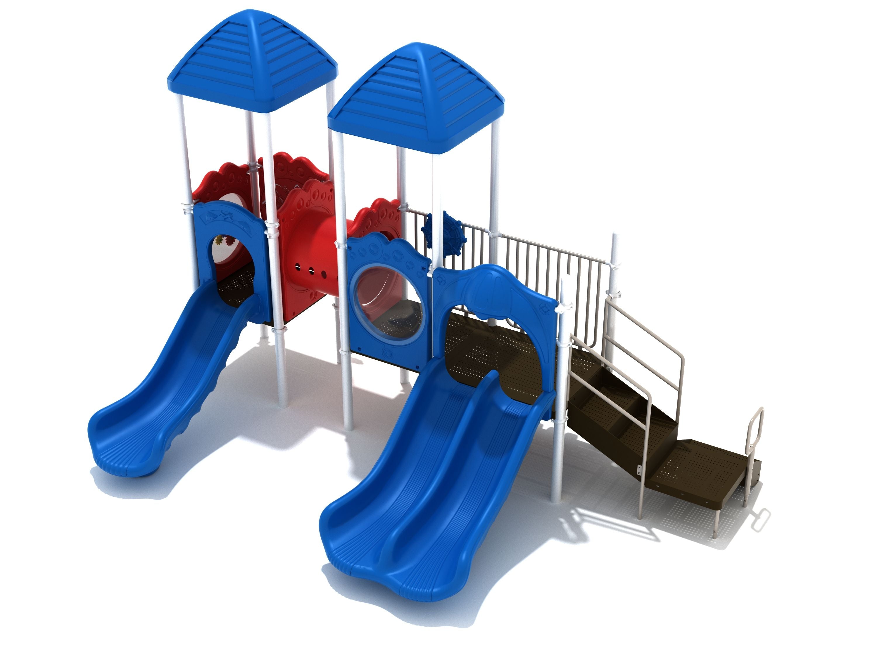 Roscoe Playground preschool structure with three parallel blue slides, red tube bridge, dual blue roofs, ramp access, gear and maze panels, and enclosed play areas