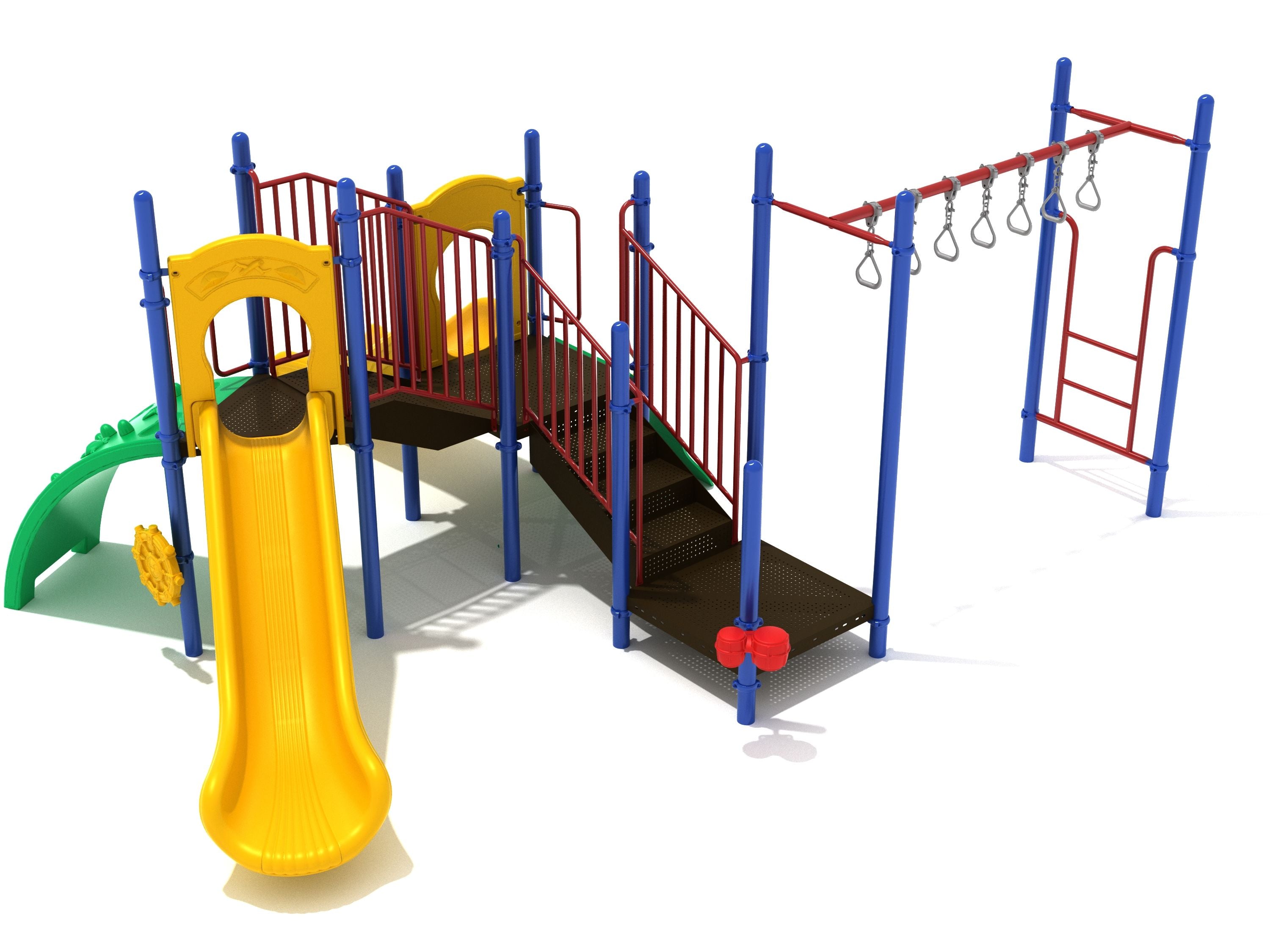 Colorful playground structure with yellow slide, red railings, blue posts, climbing arch, and overhead swinging rings