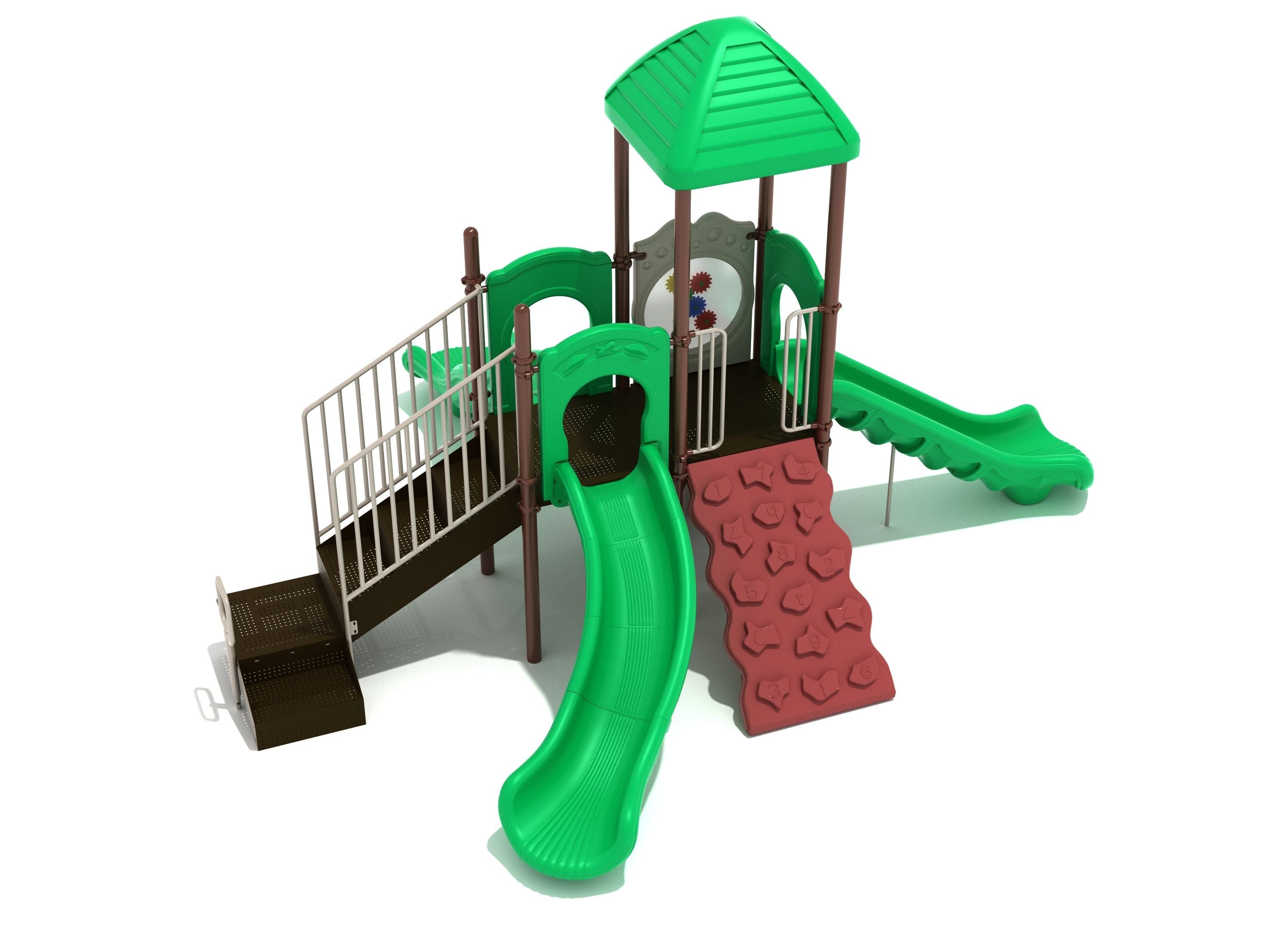 Compact playground structure with three slides, climbing wall, shaded platform, ship’s wheel, and interactive play panels.