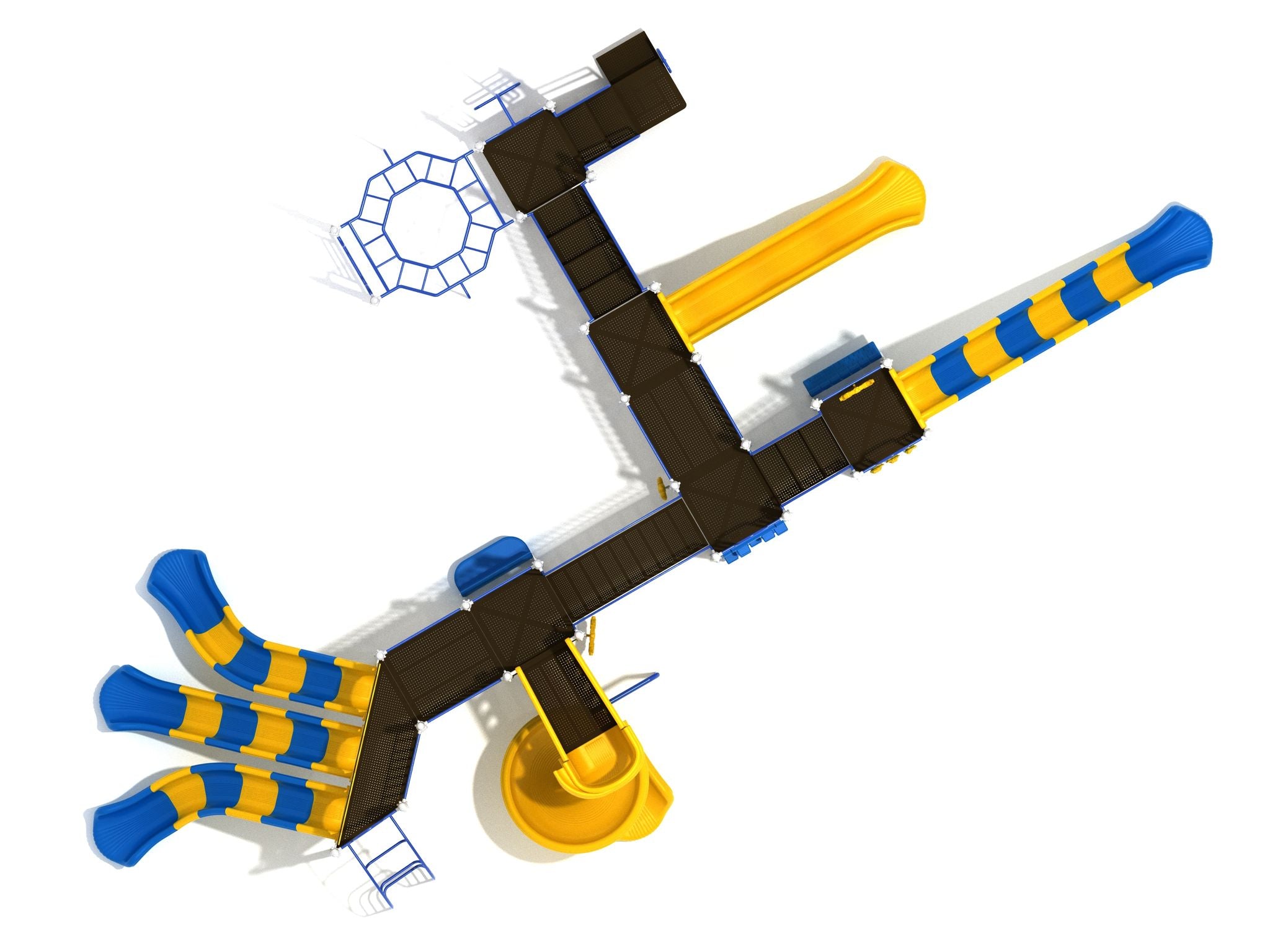 Overhead view of large playground with multiple yellow and blue slides, climbing ladders, and connected platforms