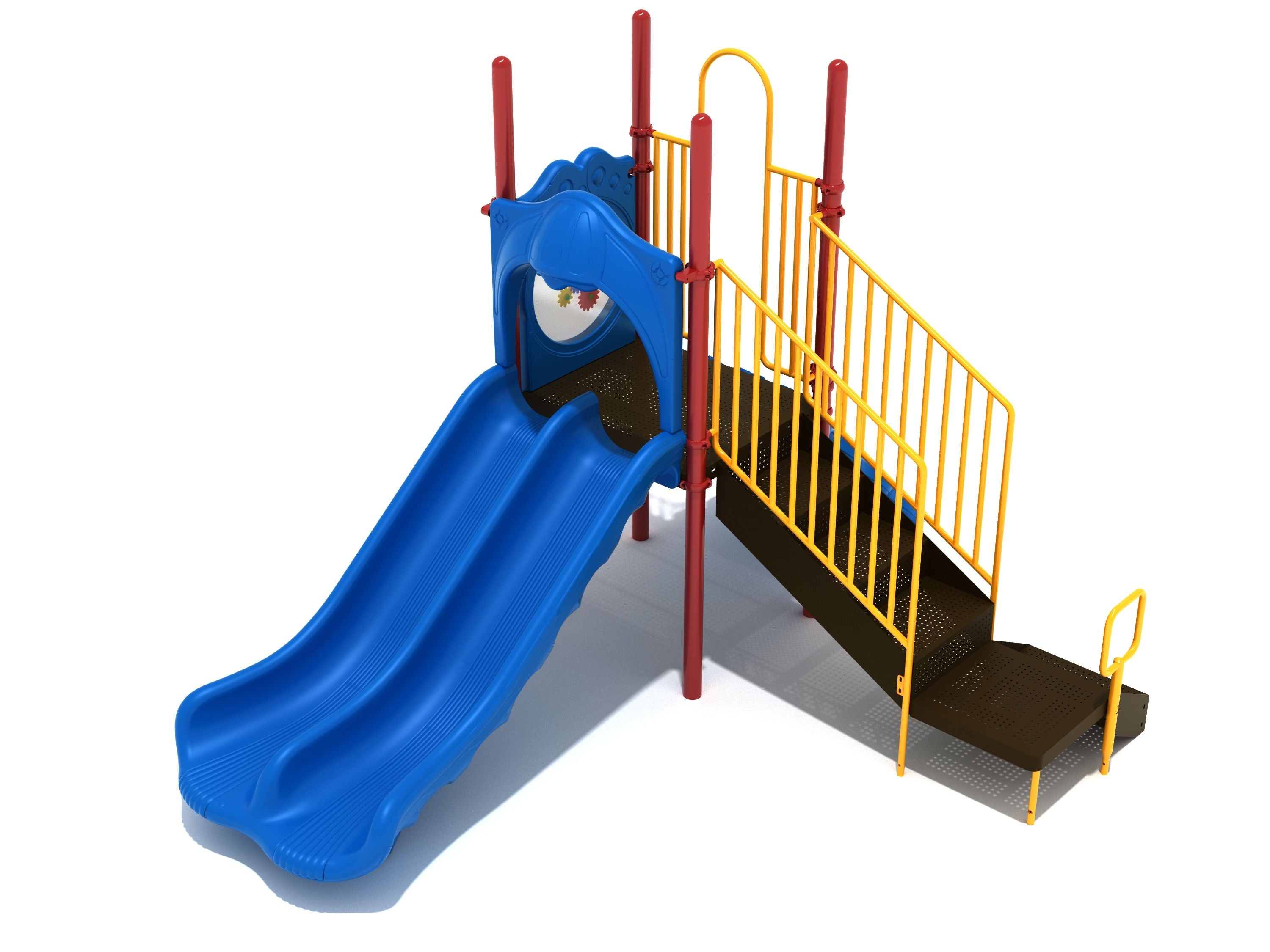 Beaverton Playground with blue double slide, yellow stairs, red posts, gear panel, and compact design for small spaces