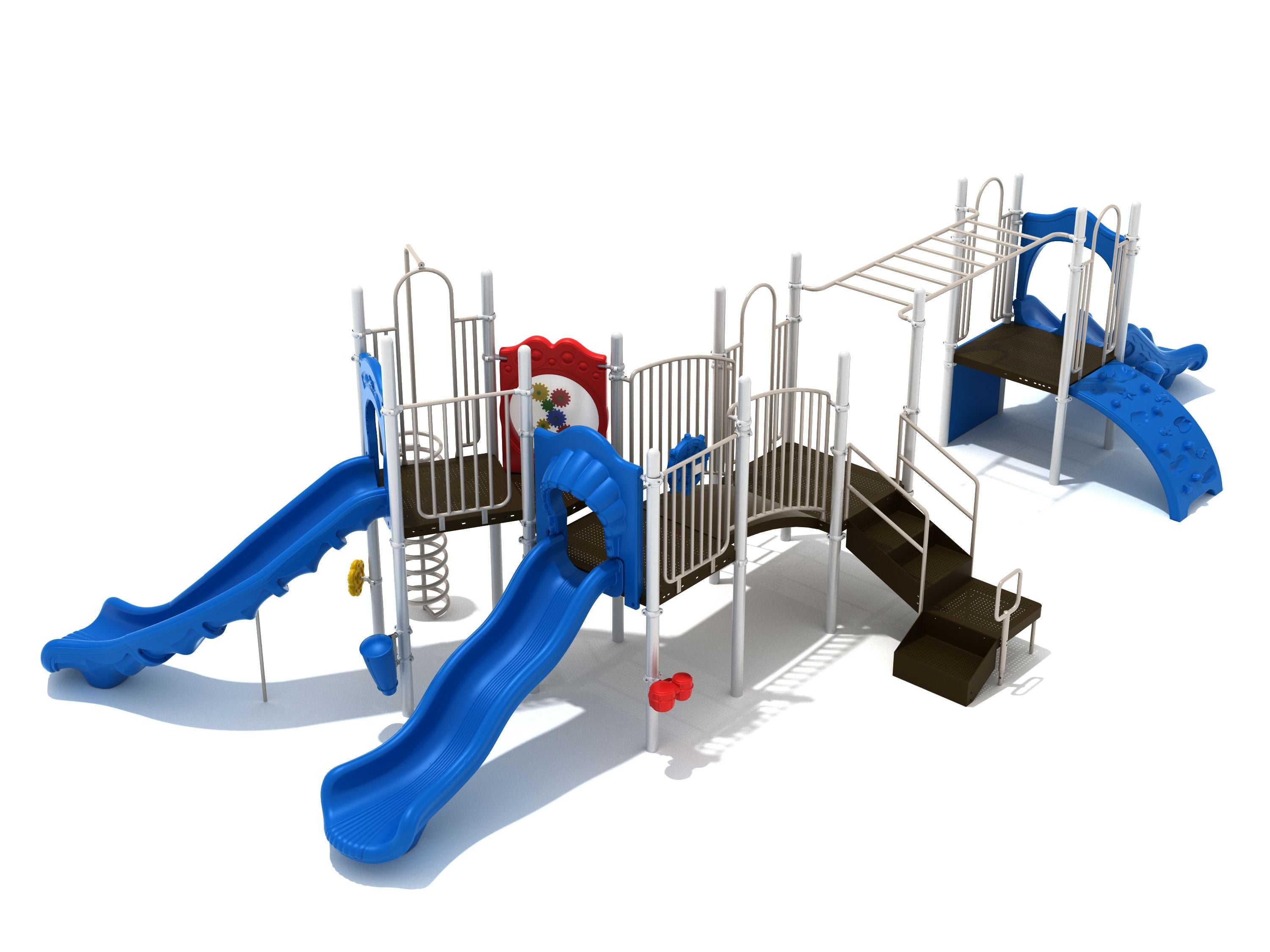 Bayou Vista Playground large play system with blue slides, spiral and chain climbers, overhead ladder, and rock climbing wall