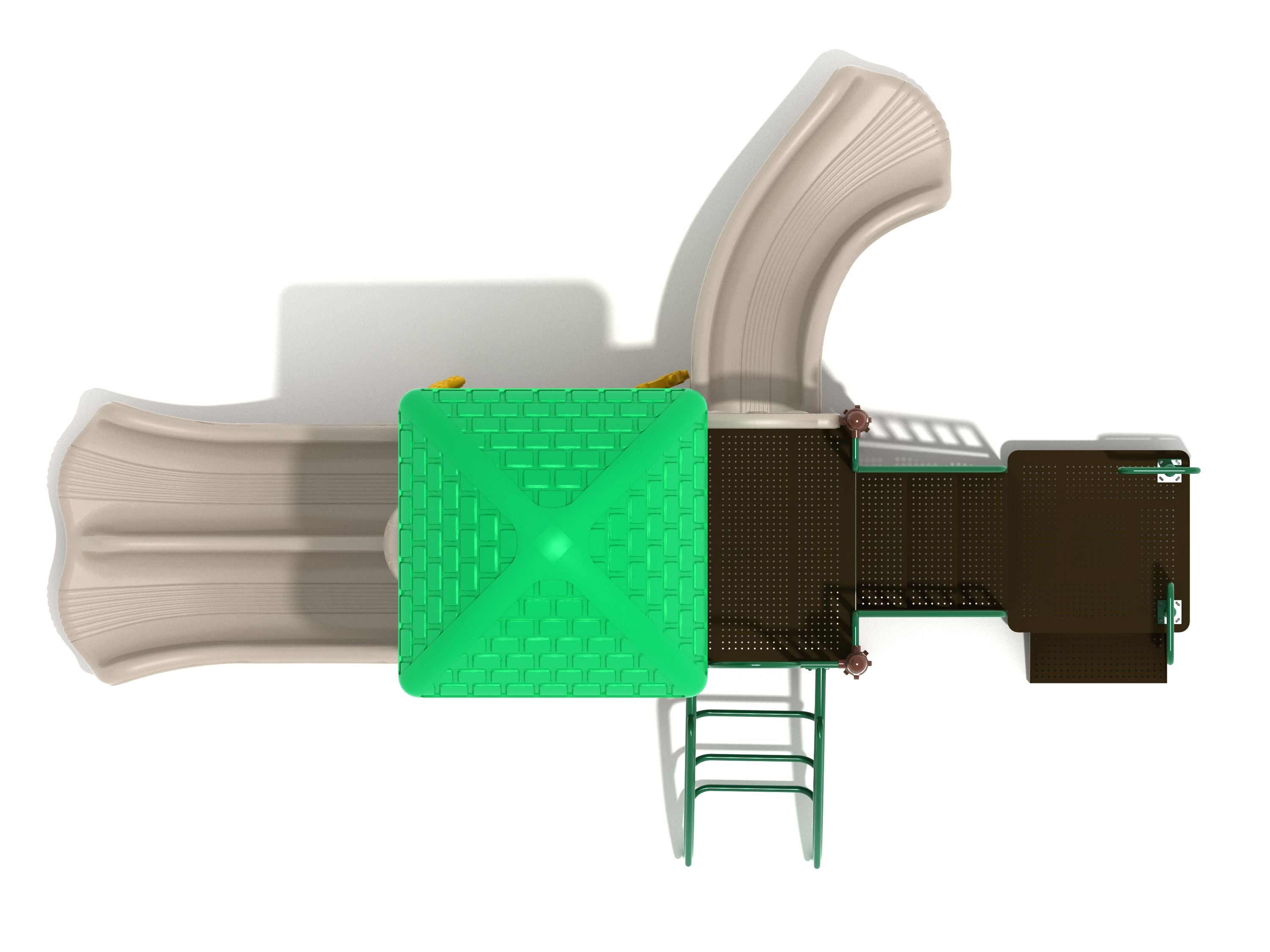 Overhead view of a children's playground with green square roof, beige slides, climbing ladder, and colorful play panels including gear and ship’s wheel
