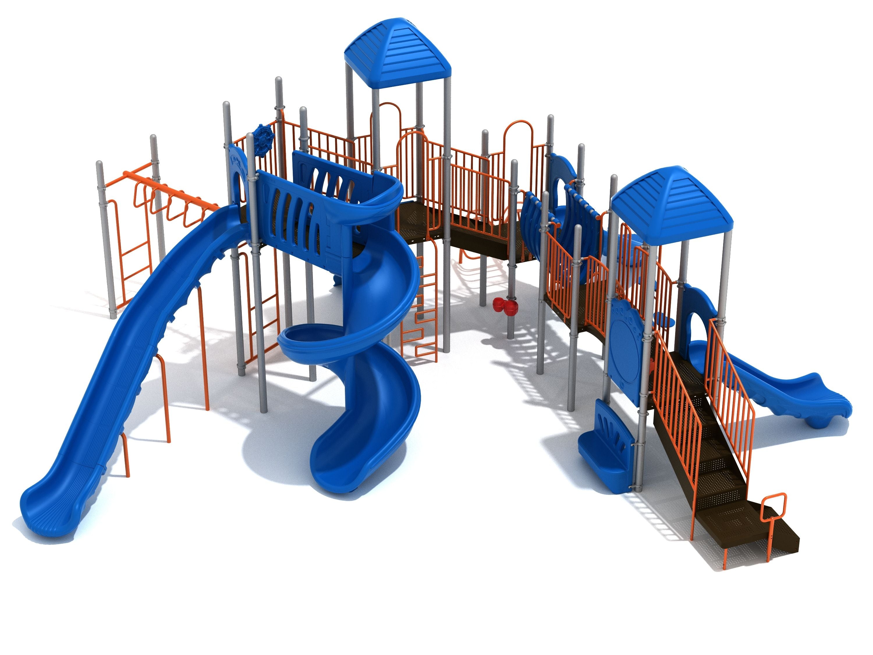 Large playground structure with blue slides, orange railings, climbing walls, and interactive play panels