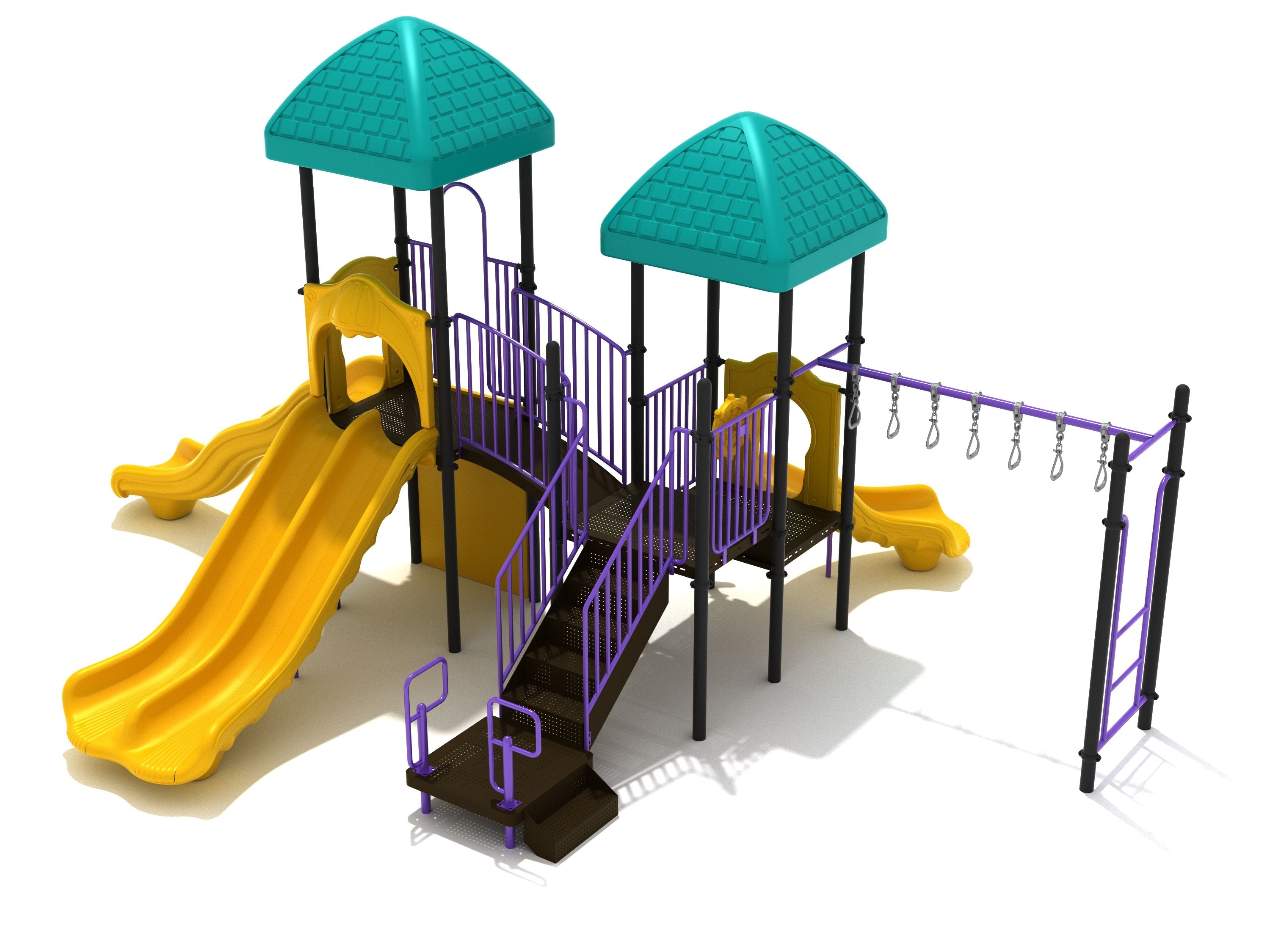 Colorful playground structure with dual yellow slides, climbing ladder, overhead swinging rings, and teal roofs
