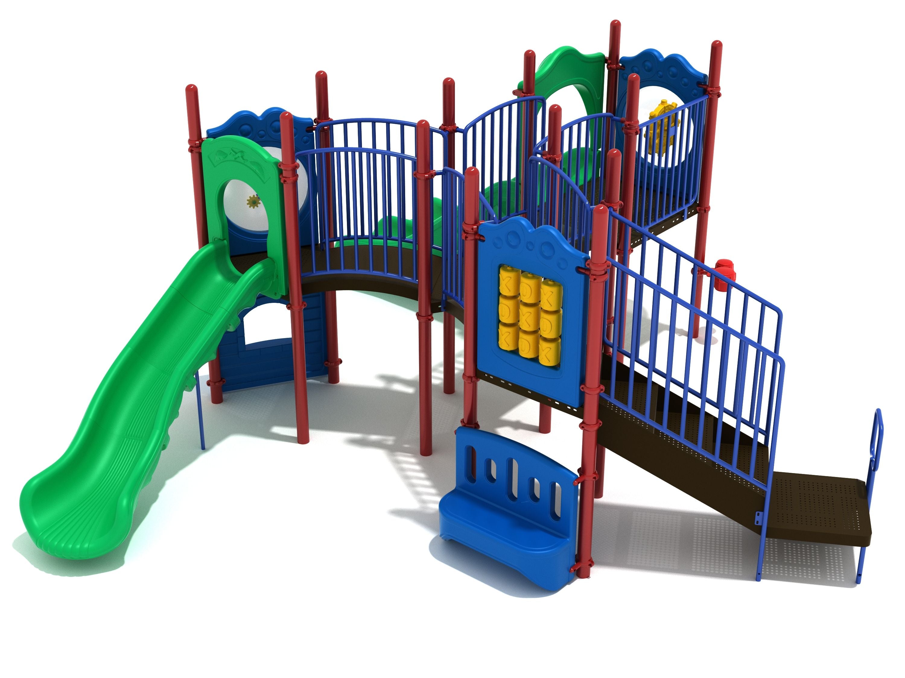 Colorful playground with green slides, blue tic-tac-toe and gear panels, red posts, accessible ramps, and interactive play elements.