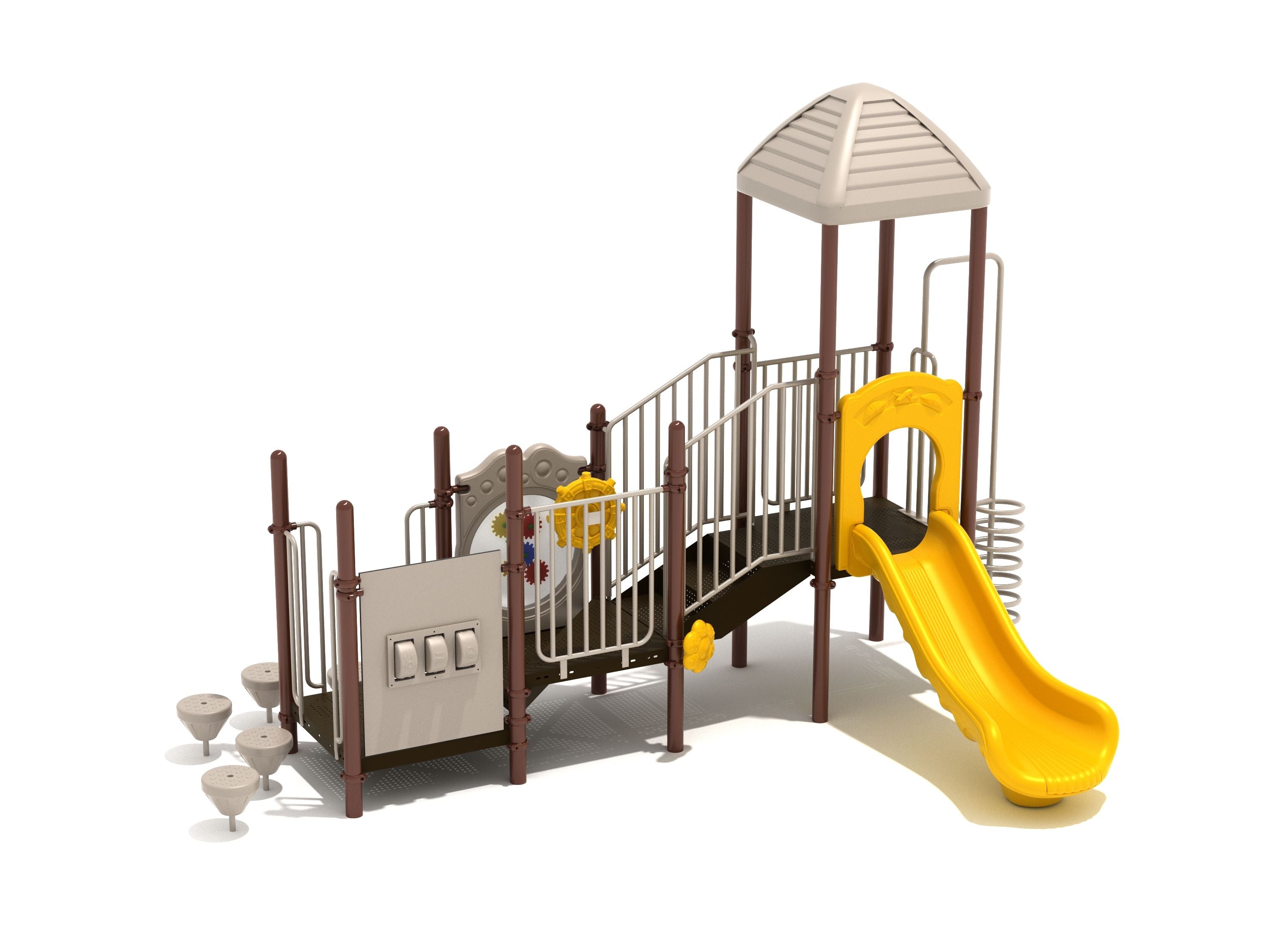 Mission Viejo Playground with yellow slide, pebble climber steps, spiral climber, gear and spelling panels, ship’s wheel, and protective roof