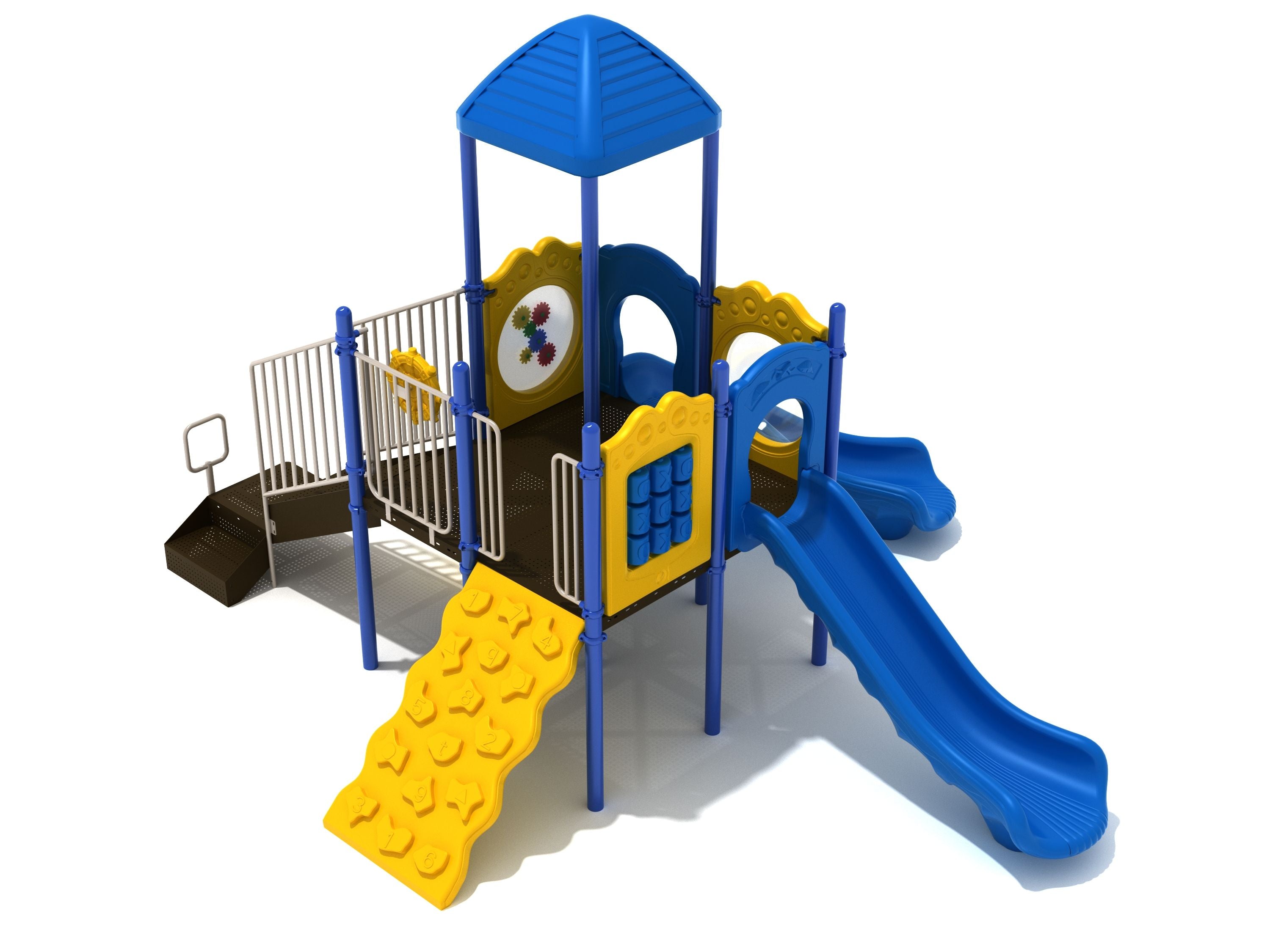Sioux Falls Playground with blue line roof, two blue slides, yellow climbing wall, interactive gear, tic-tac-toe, bubble panels, and ship’s wheel
