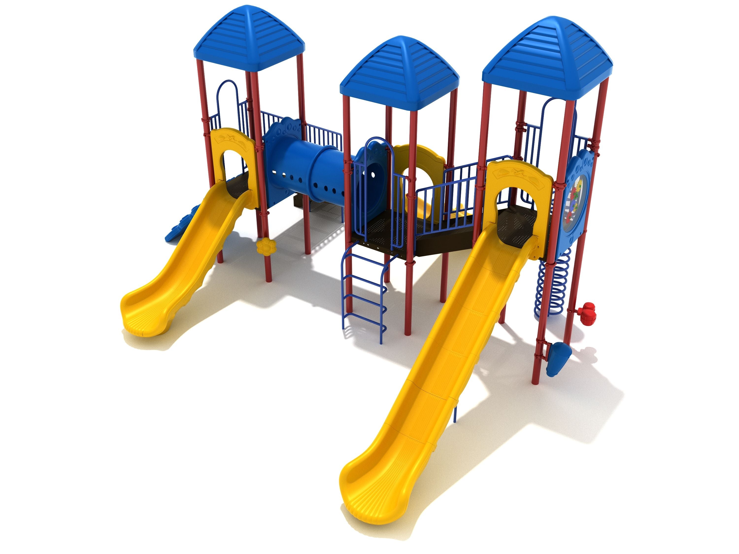 Playground structure with blue rooftops, yellow slides, blue tunnel slide, red support poles, climbing ladders, and activity panels including musical instruments and gear panel.