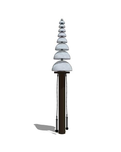 Vertical outdoor musical instrument with stacked silver aluminum bells on a dark pole and two hanging mallets