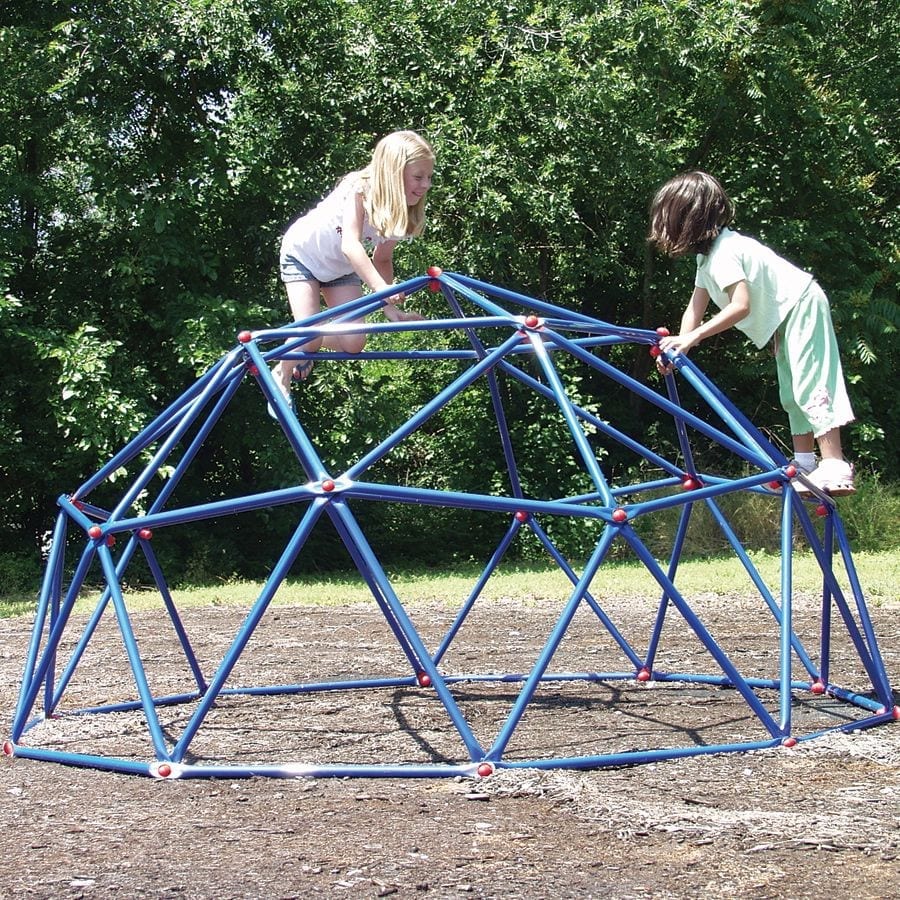 Blue painted geodesic dome climber with red connectors, two children climbing on playground mulch outdoors