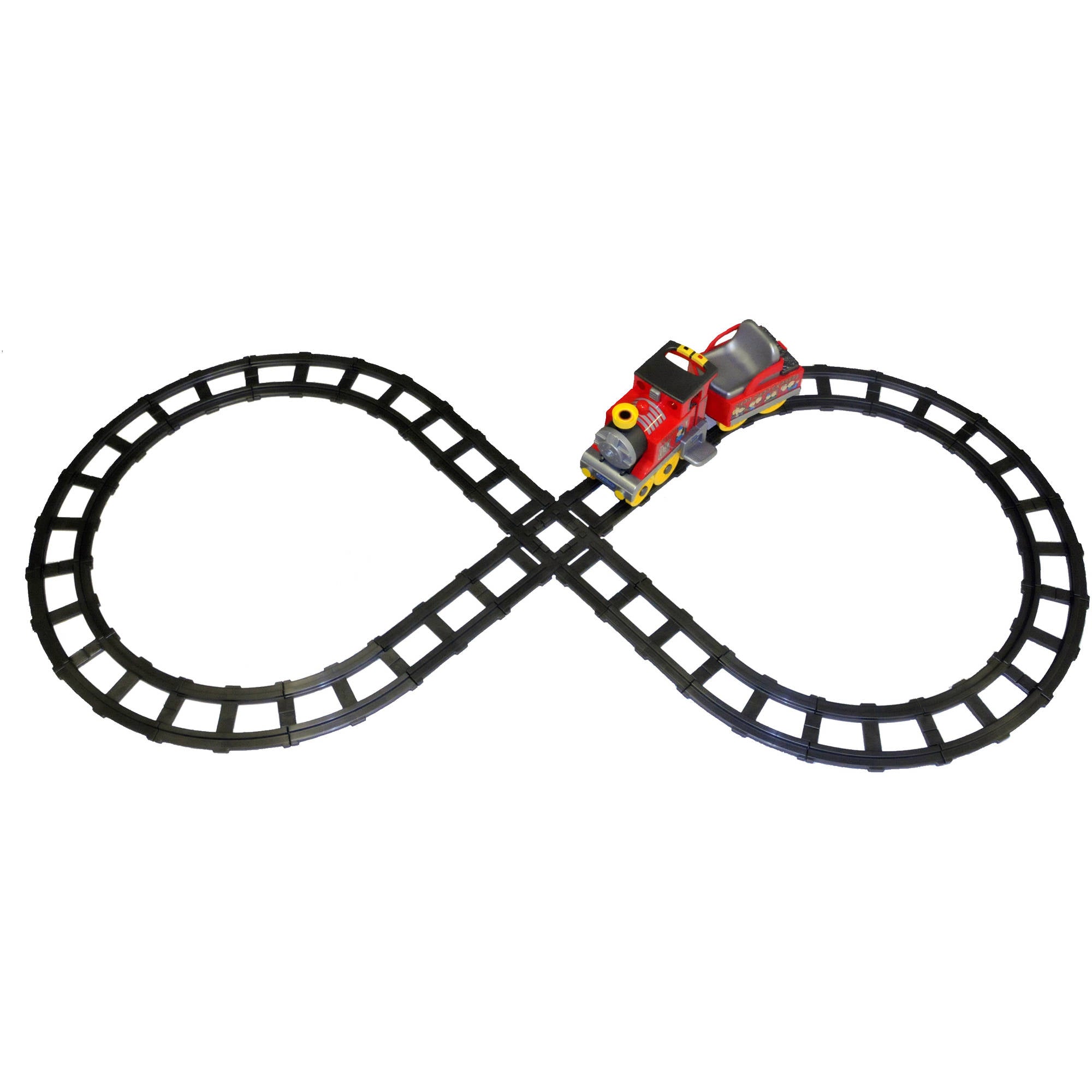 Figure 8 Conversion Model Train Track with black plastic rails and a red and yellow toy locomotive on white background
