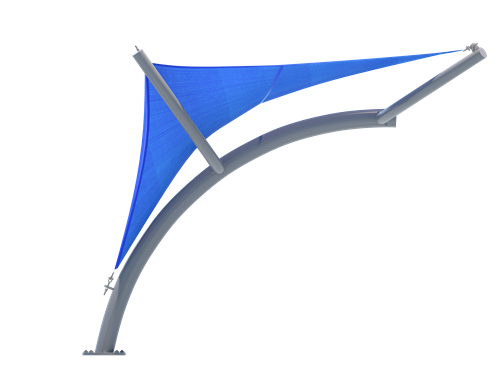 Curved metal frame supporting a royal blue triangular fabric shade from an angled perspective