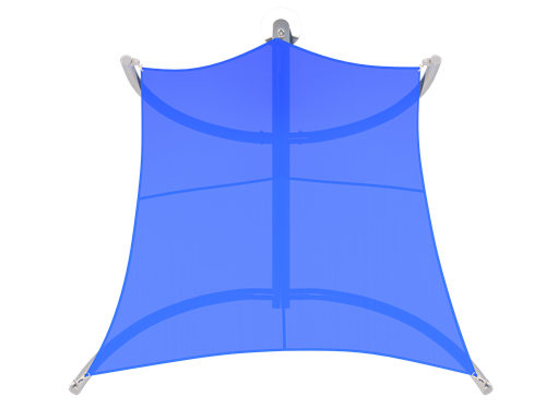 Overhead view of a royal blue fabric shade structure with curved support beams and tensioned corners