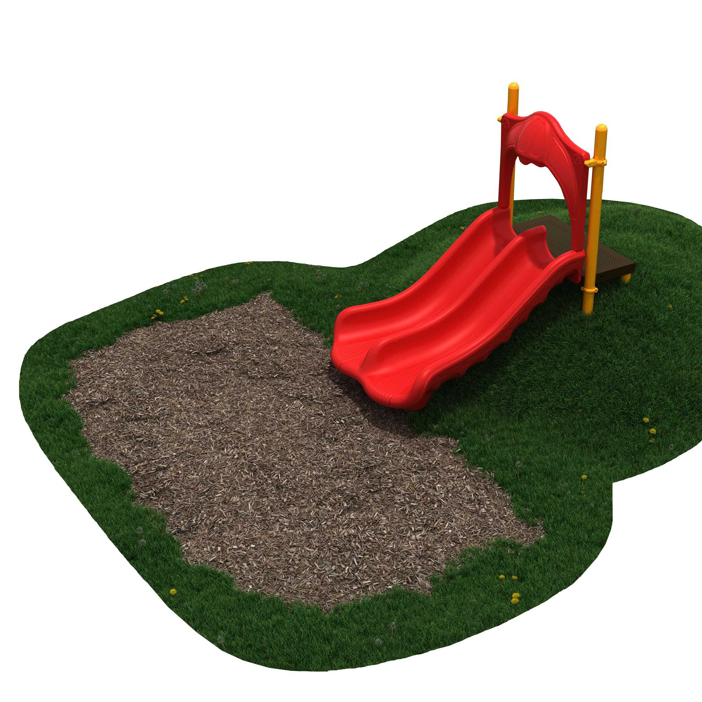 Red dual-lane playground slide on grassy embankment with mulch landing for active outdoor play