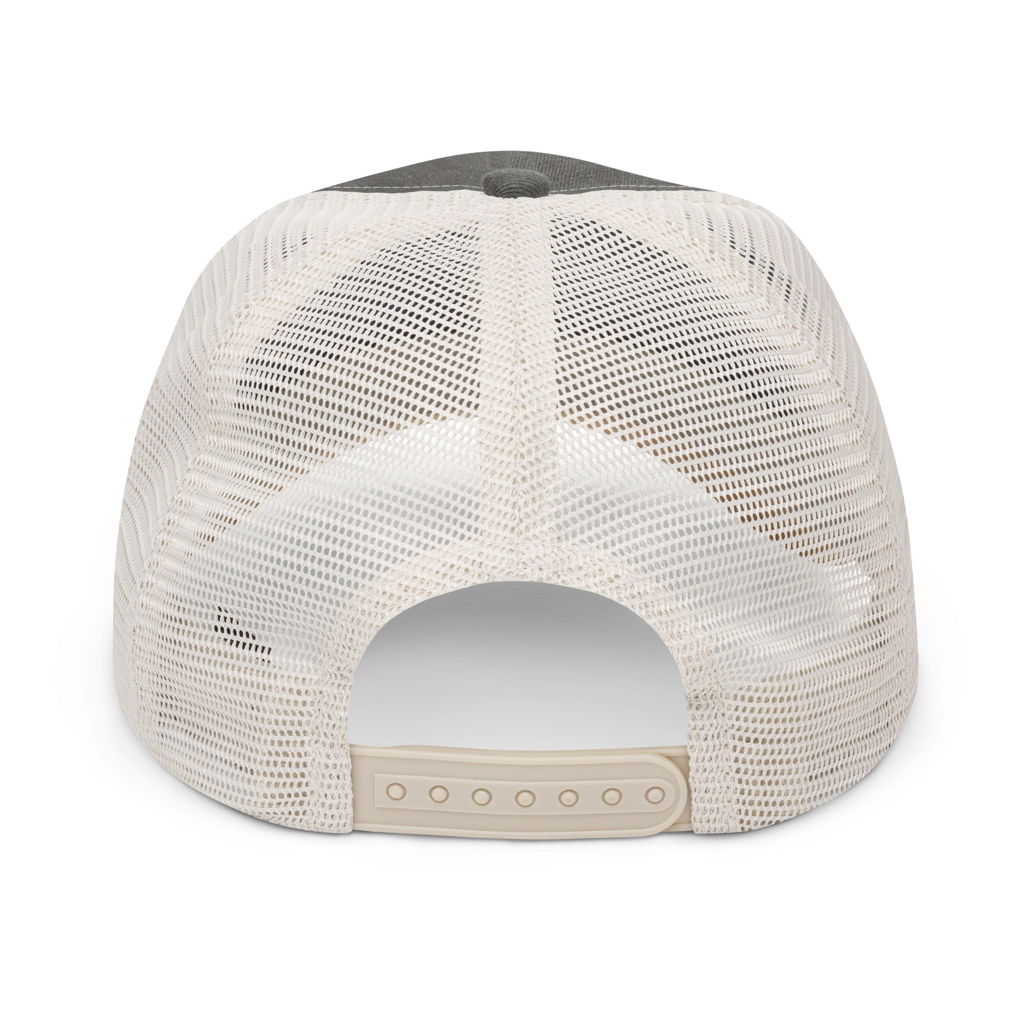 Back view of black and beige pigment-dyed trucker hat with mesh back and adjustable snap closure