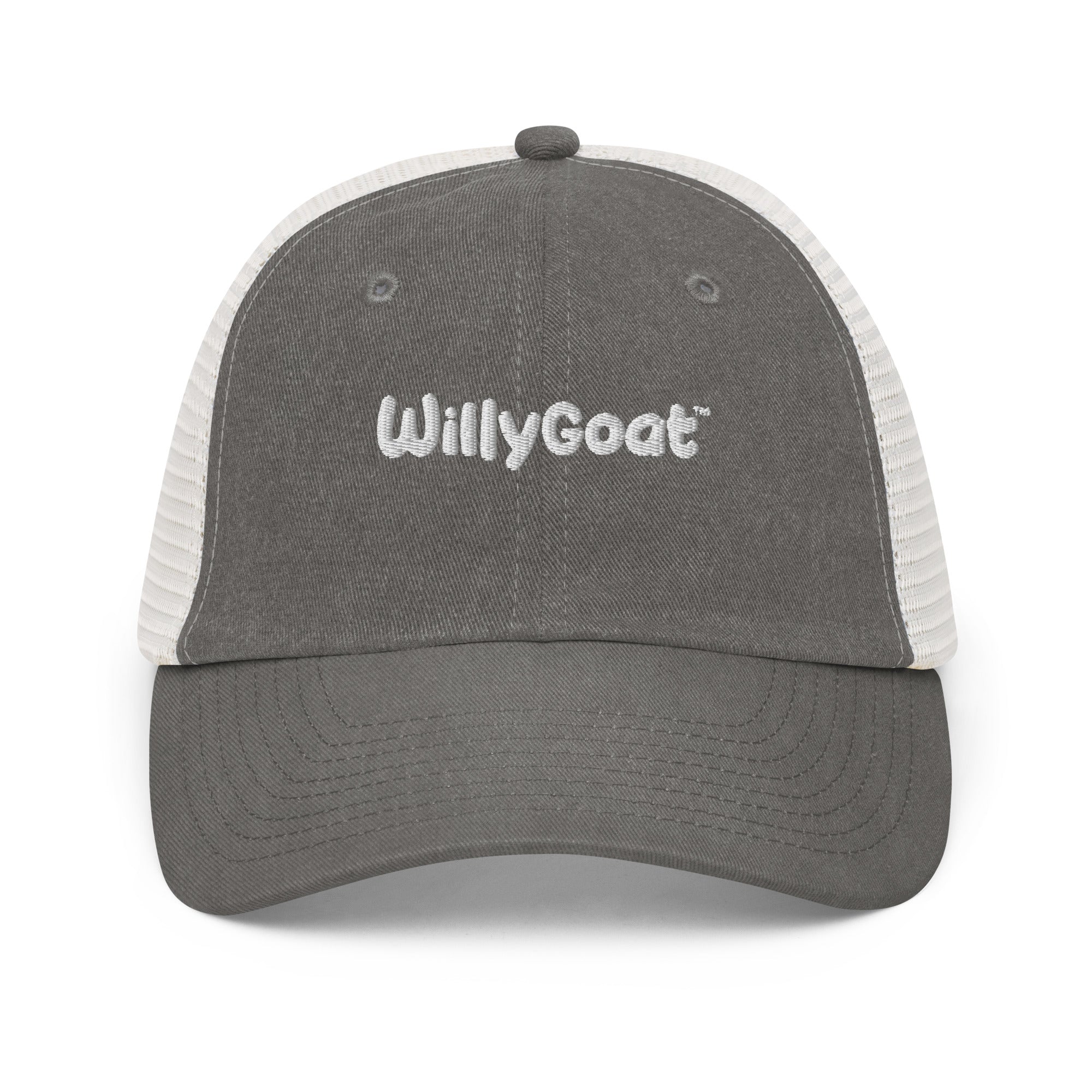 Vintage-style black pigment-dyed trucker hat with curved visor, mesh back panels, and low-profile six-panel design
