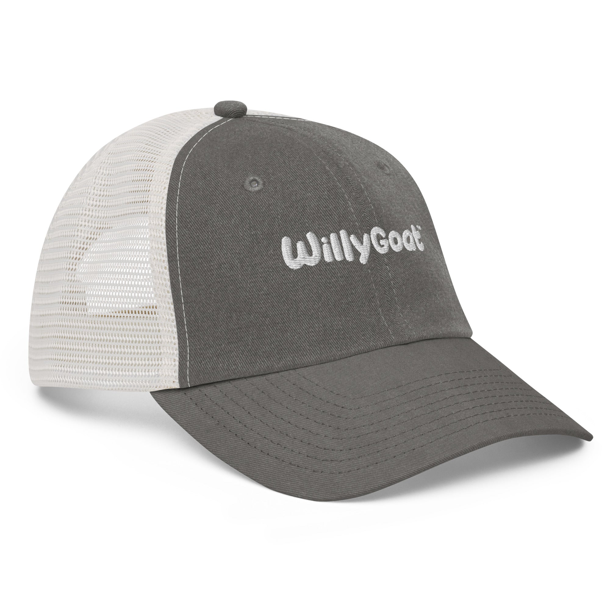 Black vintage-effect pigment-dyed trucker hat with white mesh back, curved visor, and embroidered front logo