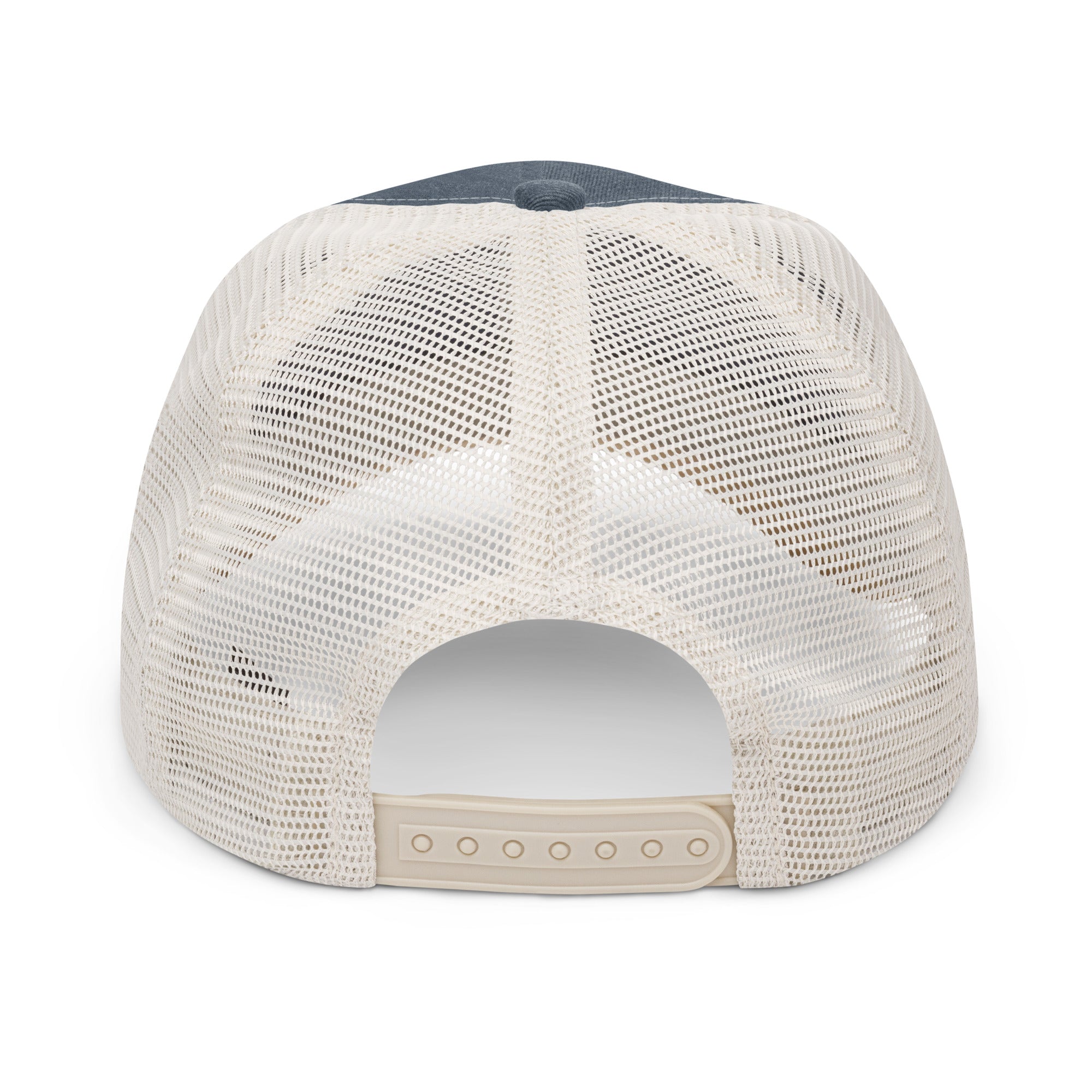 Rear view of navy and beige trucker hat with mesh back and adjustable plastic snap closure, low-profile six-panel design