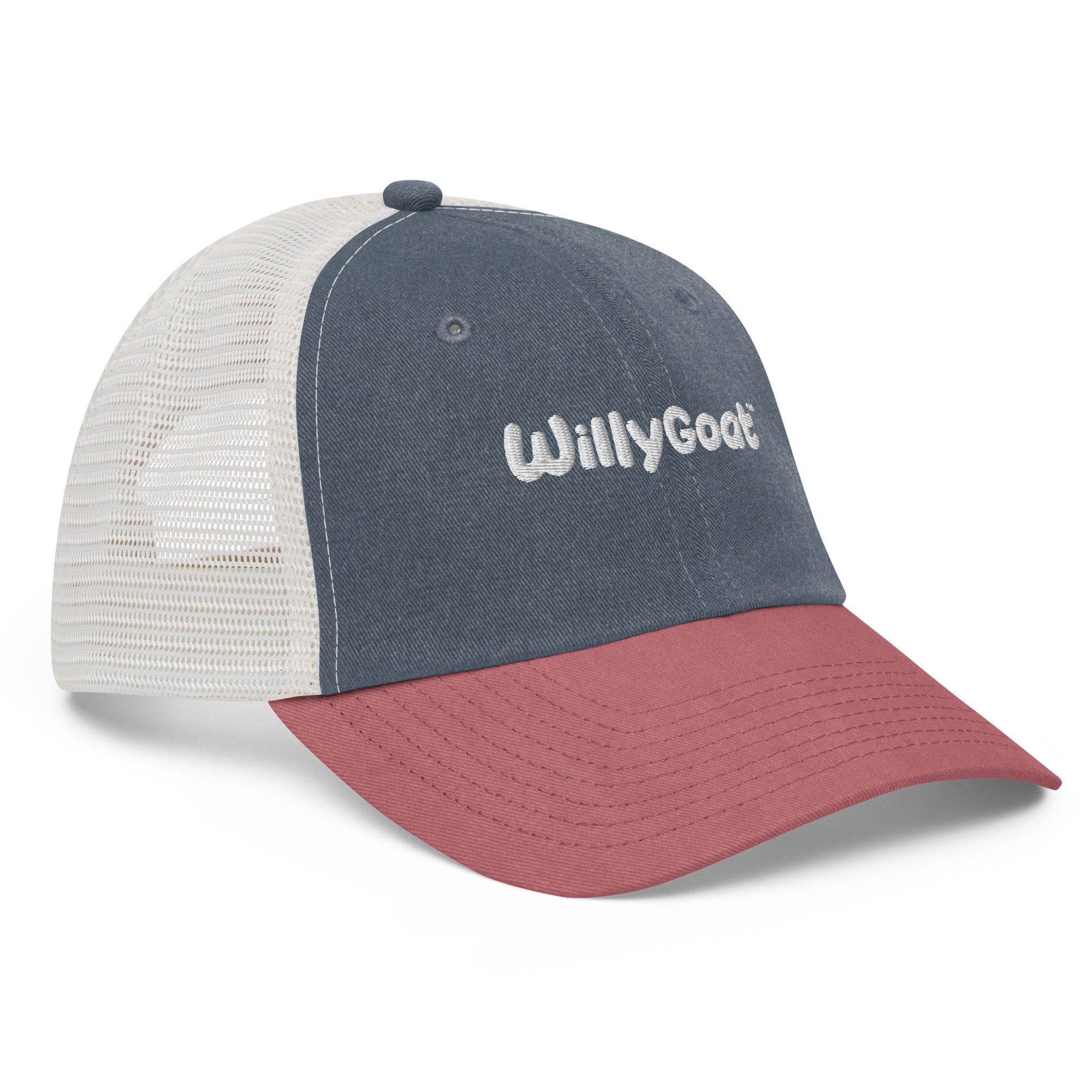 Navy and cardinal red trucker hat with white mesh back and embroidered logo on front panel, vintage washed look