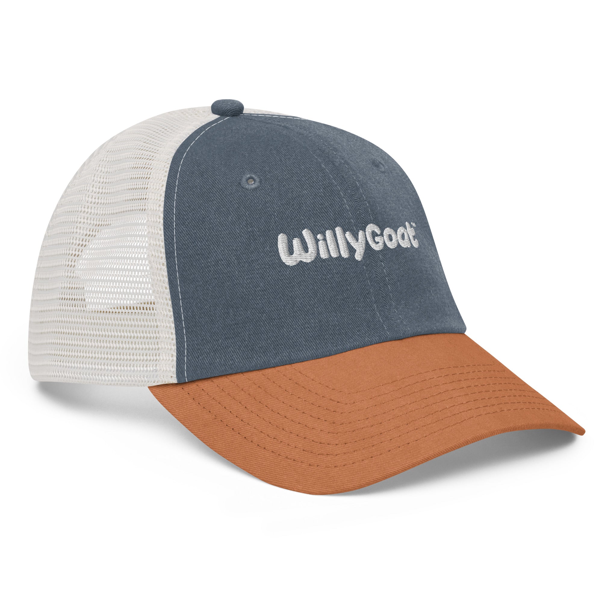 Navy blue and burnt orange trucker hat with white mesh back and embroidered logo on front panel