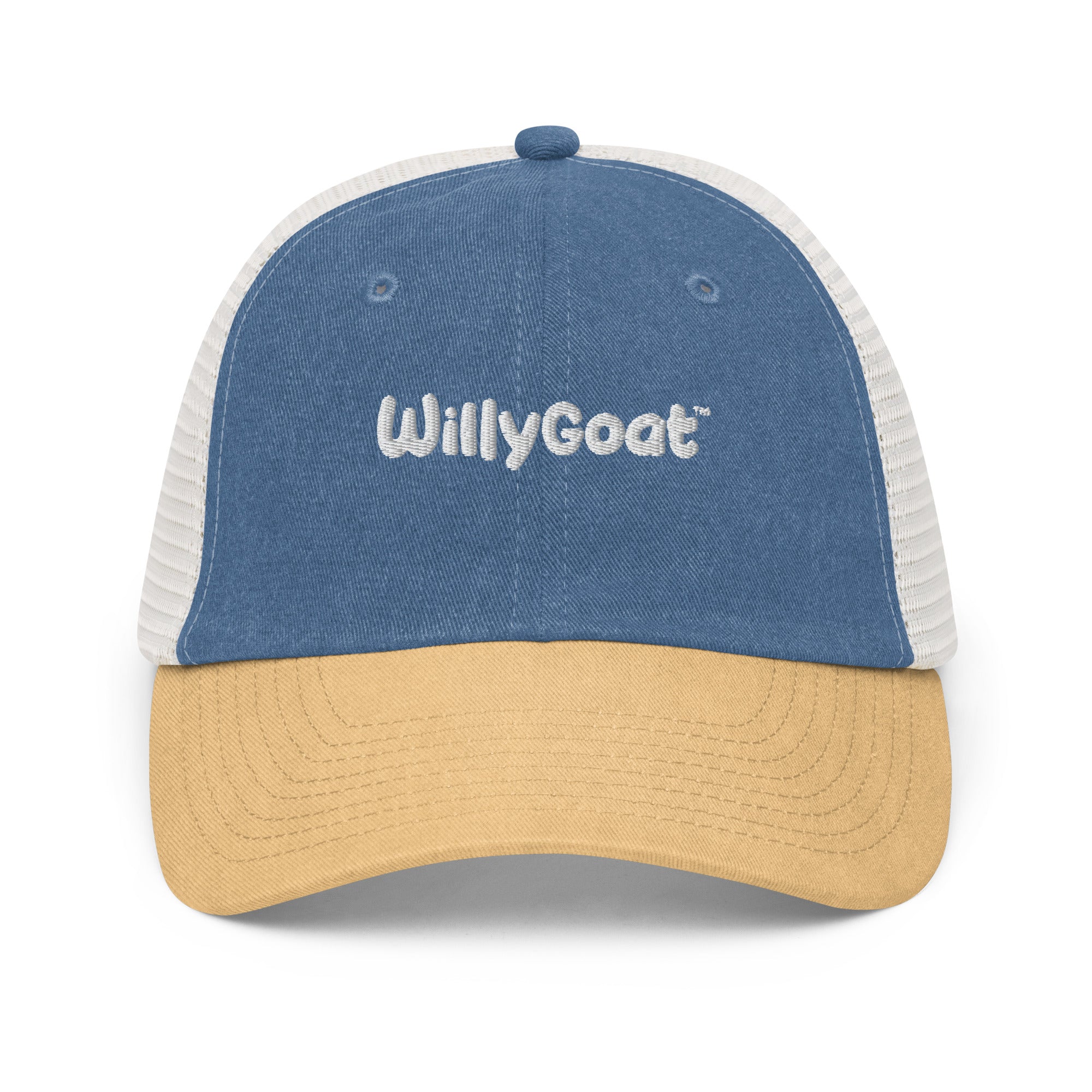 Pigment-dyed trucker hat with blue twill front, white mesh back, and mustard curved visor, low-profile six-panel design