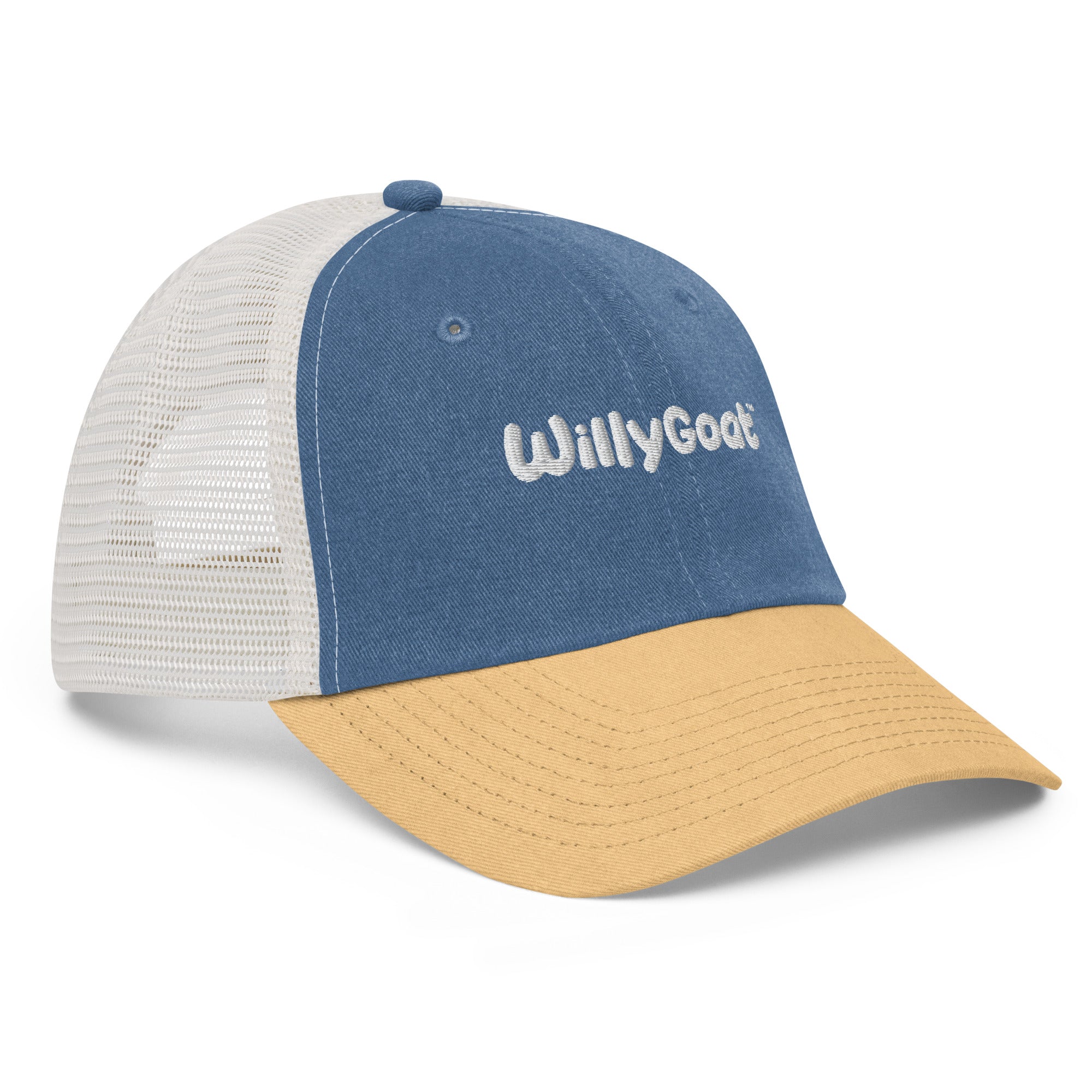 Blue and mustard pigment-dyed trucker hat with white mesh back and embroidered logo on front panel