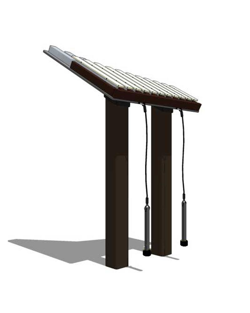 Piper Outdoor Musical Park Instrument with brown fiberglass bars and two hanging mallets, designed for outdoor play and island-inspired tones.