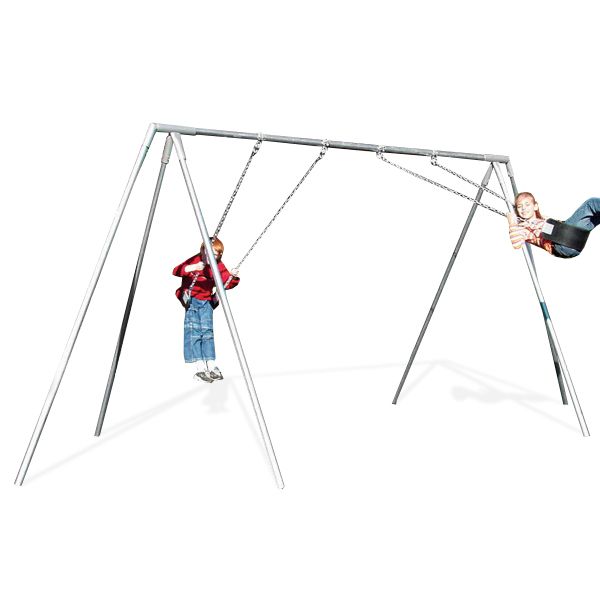 Metal tripod swing set with two children on cut-proof belt seats and galvanized steel chains