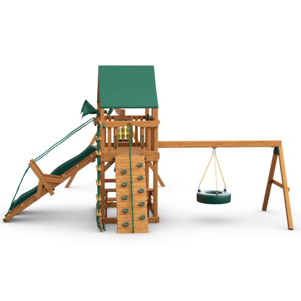 Cedar wooden playset with green canopy, climbing wall, slide, tic-tac-toe panel, and tire swing on A-frame beam