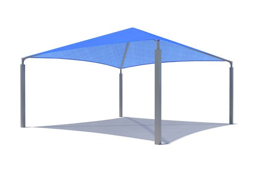 Royal blue pyramid roof shade structure with four gray posts casting shadow on ground