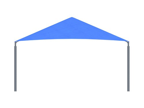 Royal blue pyramid canopy with four gray posts providing UV-blocking shade for playground or picnic areas