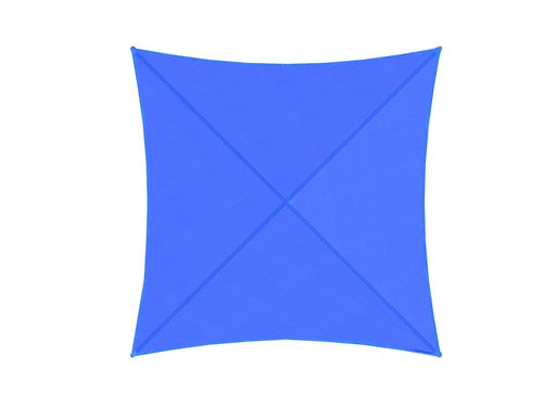 Overhead view of royal blue pyramid shade fabric supported by four posts, designed for playground and picnic sun protection
