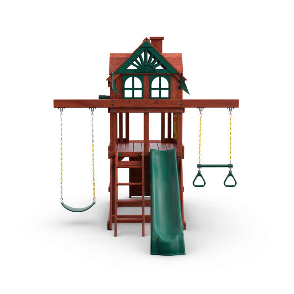 Five Star II Space Saver Wooden Swing Set with green Alpine Wave Slide, two belt swings, trapeze rings, cedar wood clubhouse with decorative roof and play panels