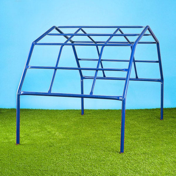 Blue powder-coated steel climbing frame with angled bars on artificial grass for children's physical play