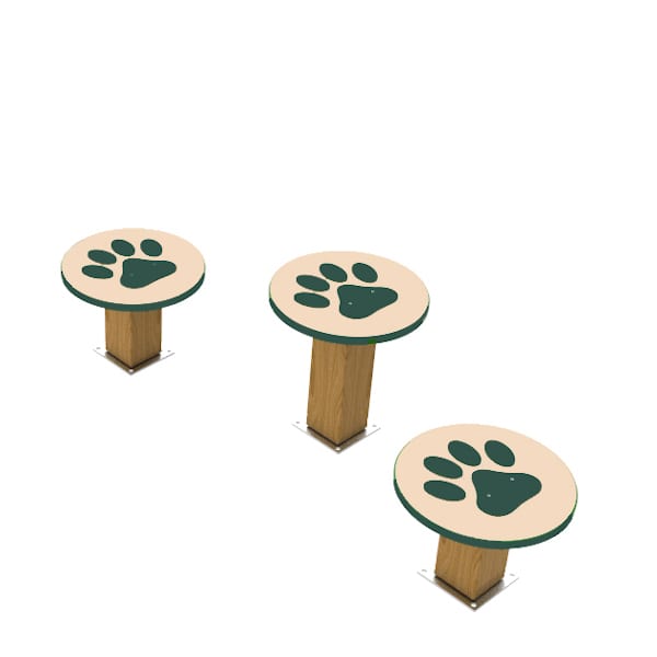 Three round beige stepping pads with dark paw prints and wood-textured recycled plastic bases for dog agility training