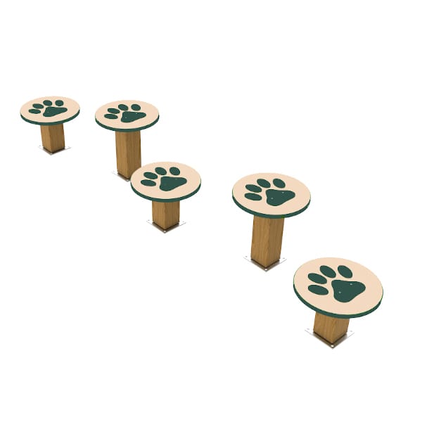 Recycled Stepping Paws dog agility pads with green paw prints on round wood-textured recycled plastic tops, five-step set