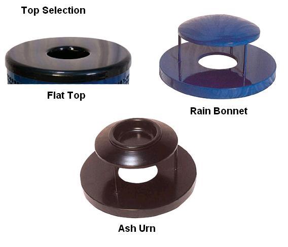 Three black trash receptacle lids: flat top, rain bonnet with raised cover, and ash urn with recessed center, angled view