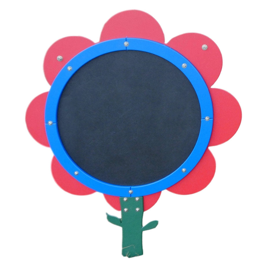Outdoor flower-shaped chalkboard with red petals, blue frame, and green stem for creative play and learning.