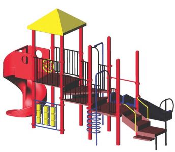 Colorful modular playground with yellow roof, red spiral slide, climbing bars, and interactive play panels